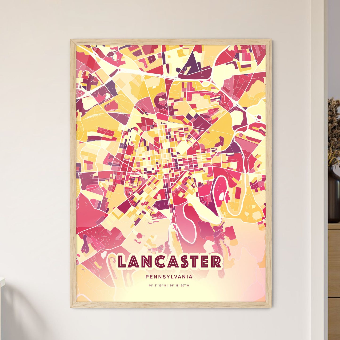 Colorful Lancaster Pennsylvania Fine Art Map Hot Red
