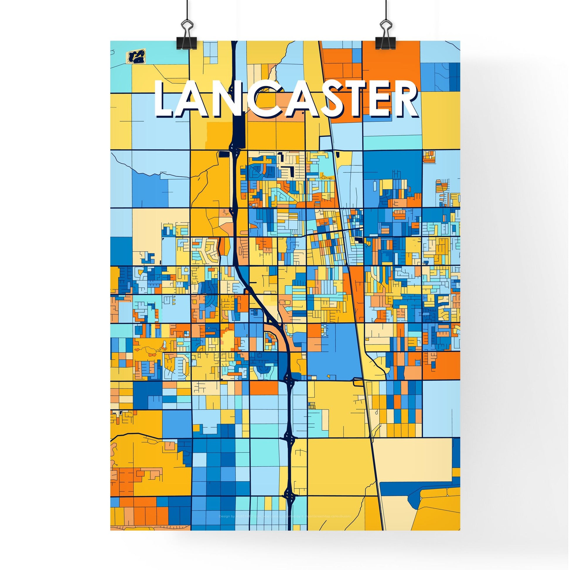 LANCASTER CALIFORNIA Vibrant Colorful Art Map Poster Blue Orange