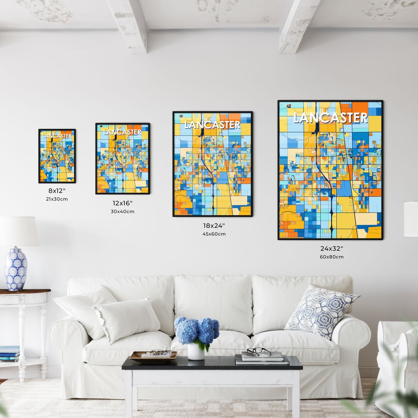 LANCASTER CALIFORNIA Vibrant Colorful Art Map Poster Blue Orange