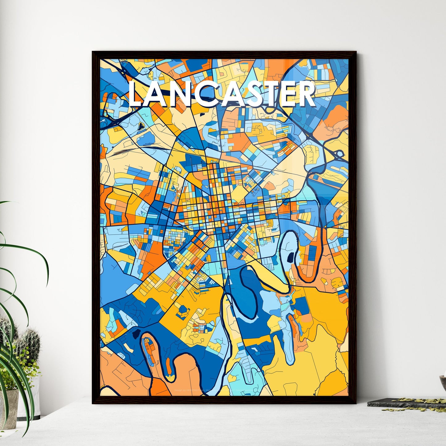 LANCASTER PENNSYLVANIA Vibrant Colorful Art Map Poster Blue Orange