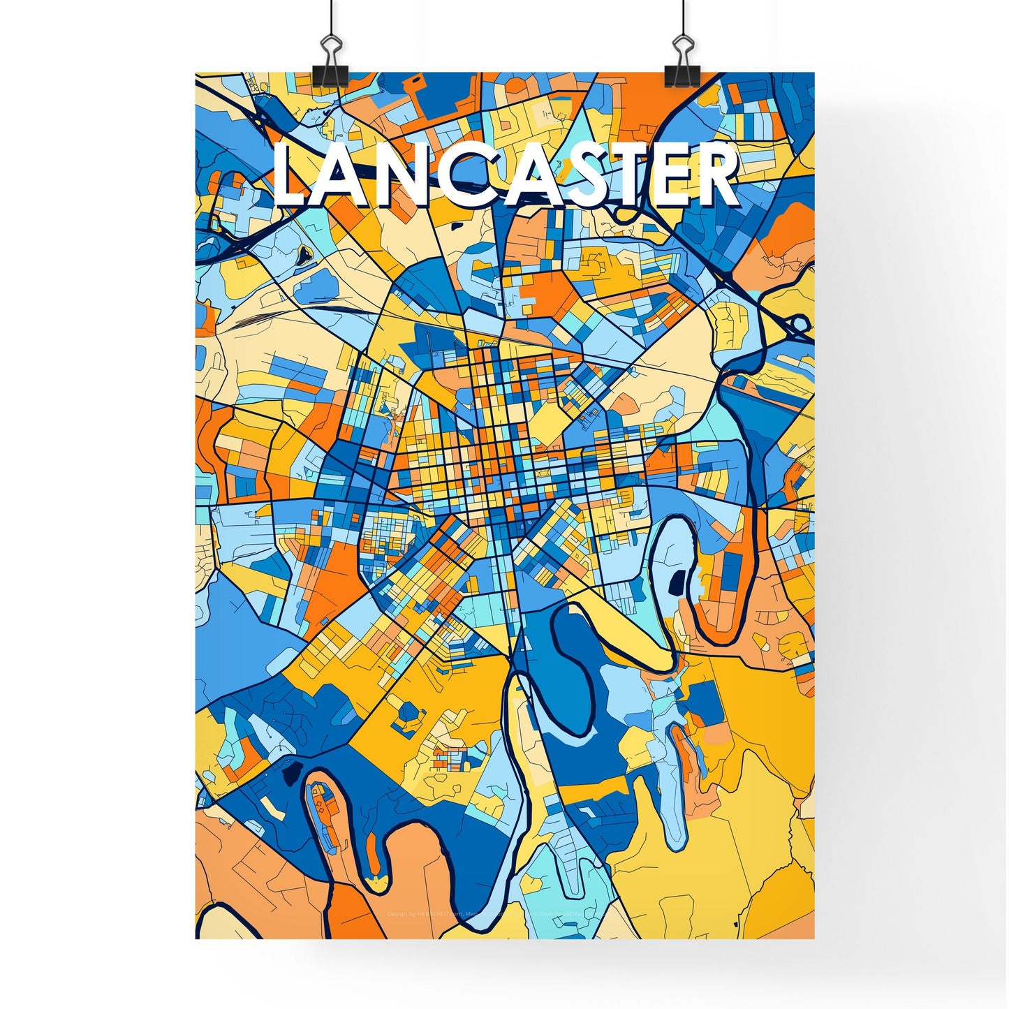 LANCASTER PENNSYLVANIA Vibrant Colorful Art Map Poster Blue Orange