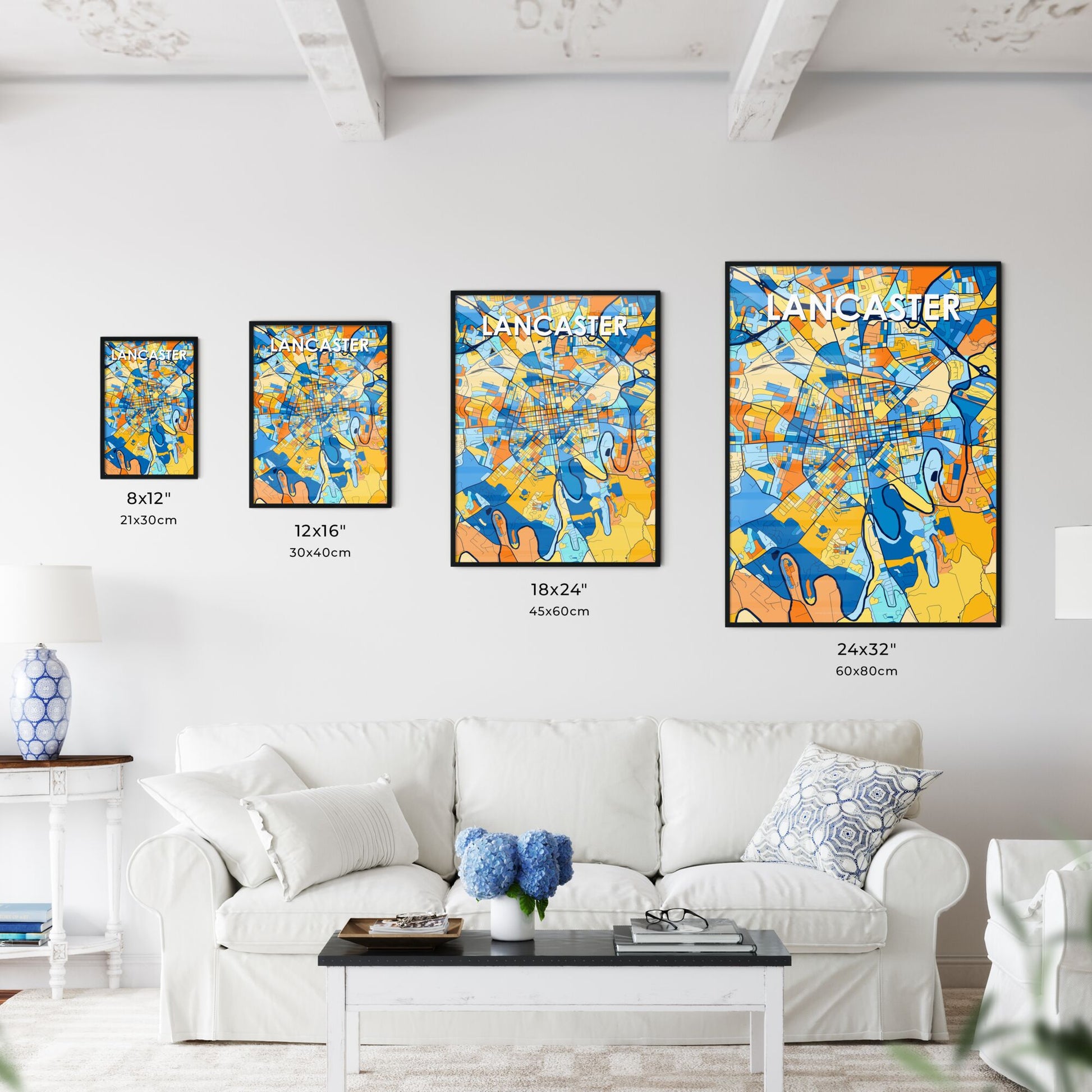 LANCASTER PENNSYLVANIA Vibrant Colorful Art Map Poster Blue Orange