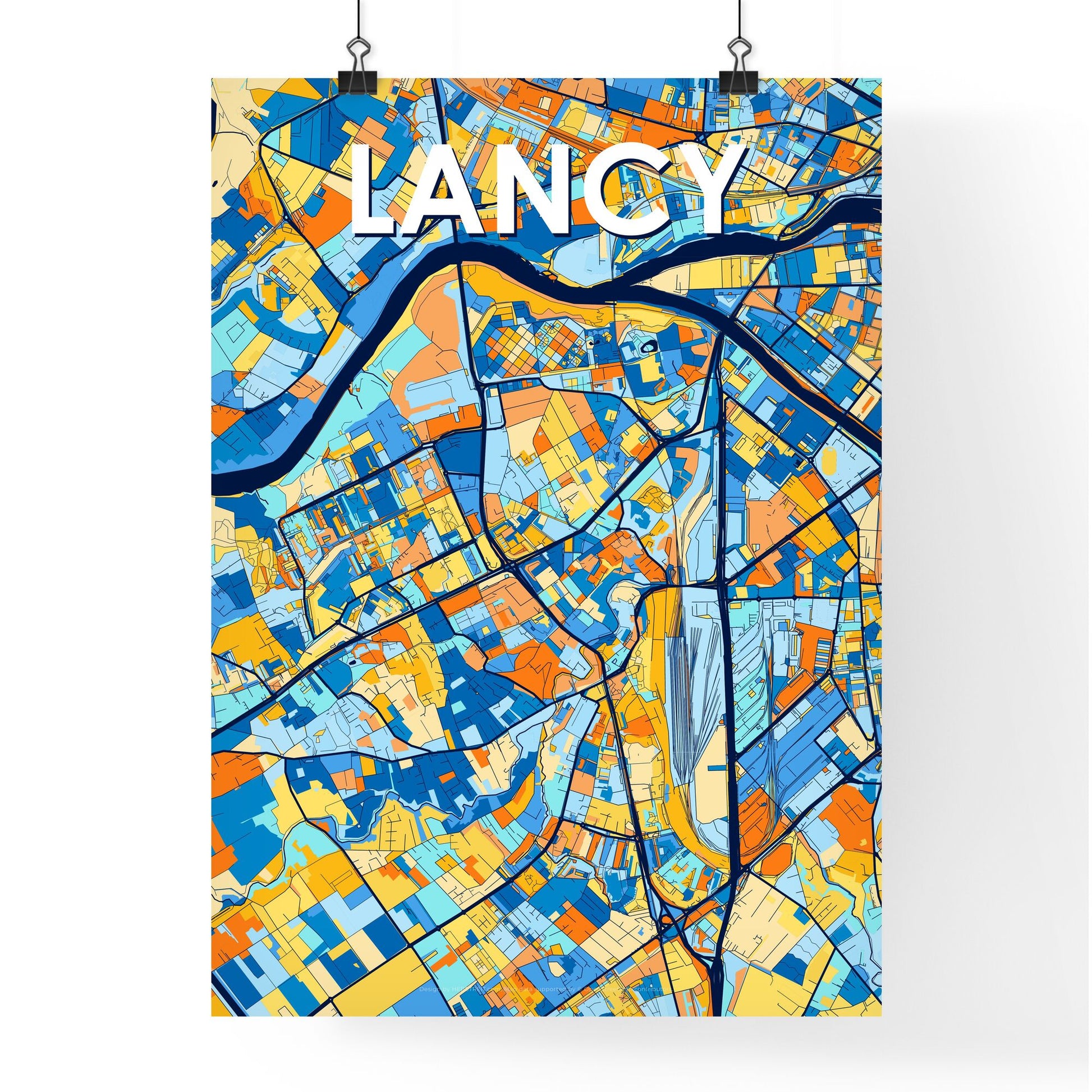 LANCY SWITZERLAND Vibrant Colorful Art Map Poster Blue Orange