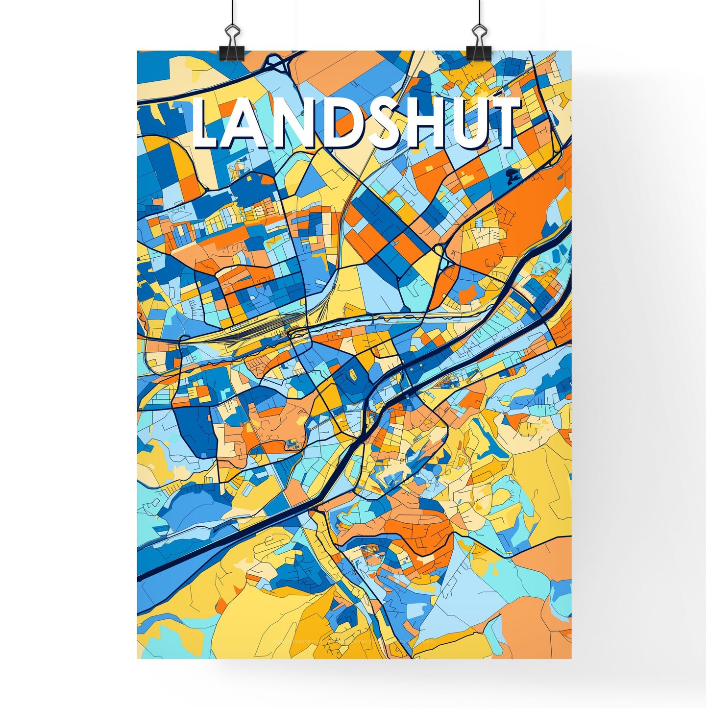 LANDSHUT GERMANY Vibrant Colorful Art Map Poster Blue Orange