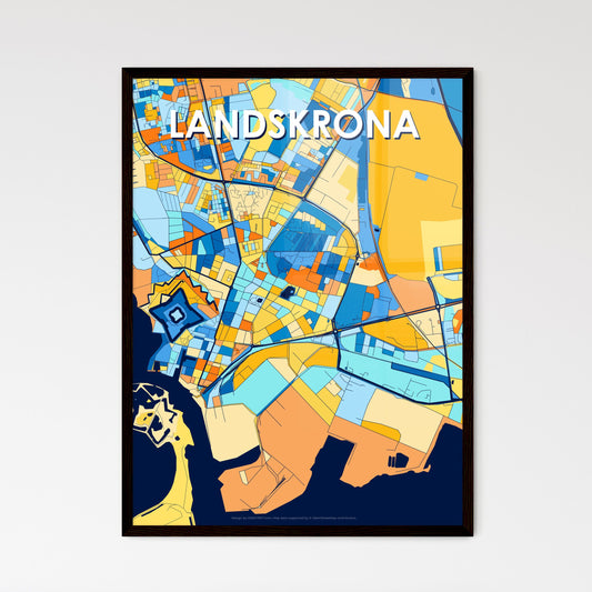 LANDSKRONA SWEDEN Vibrant Colorful Art Map Poster Blue Orange