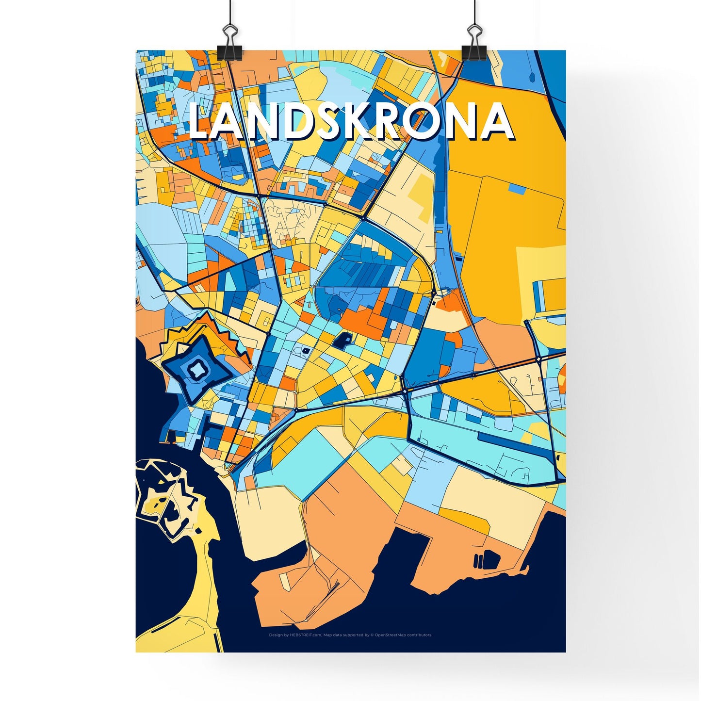 LANDSKRONA SWEDEN Vibrant Colorful Art Map Poster Blue Orange