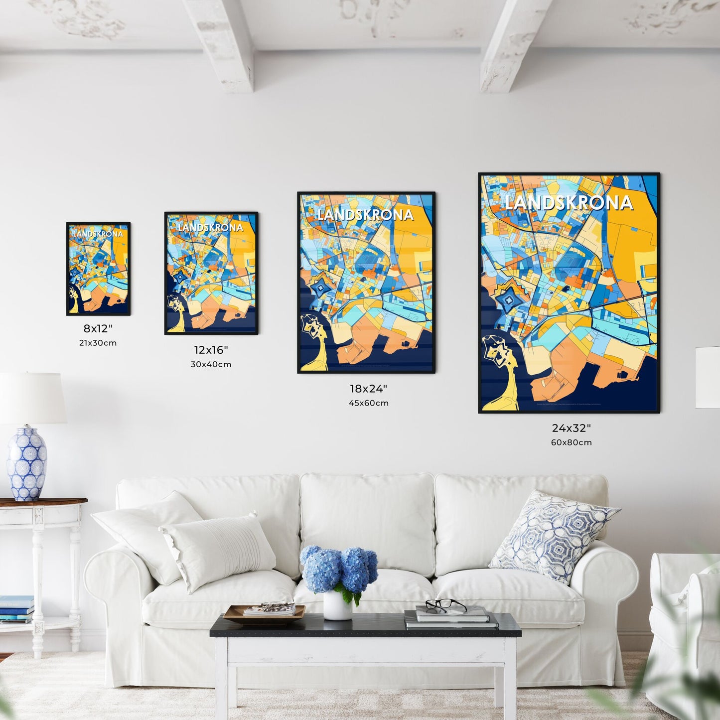 LANDSKRONA SWEDEN Vibrant Colorful Art Map Poster Blue Orange