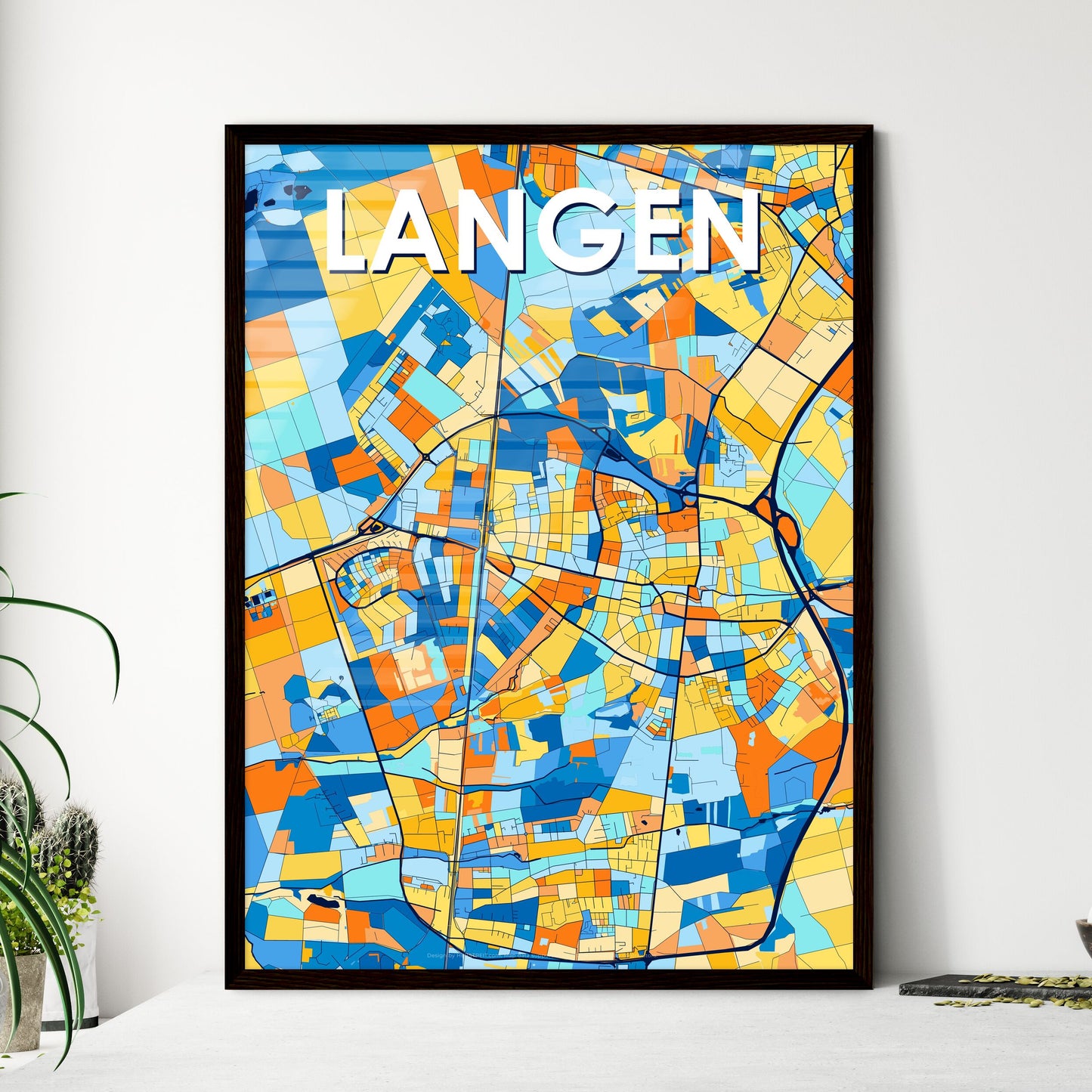 LANGEN GERMANY Vibrant Colorful Art Map Poster Blue Orange