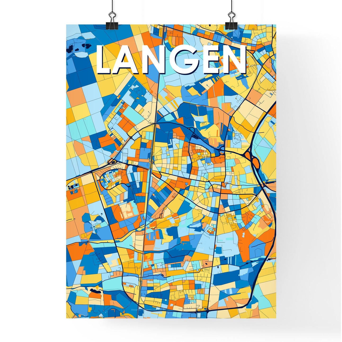 LANGEN GERMANY Vibrant Colorful Art Map Poster Blue Orange