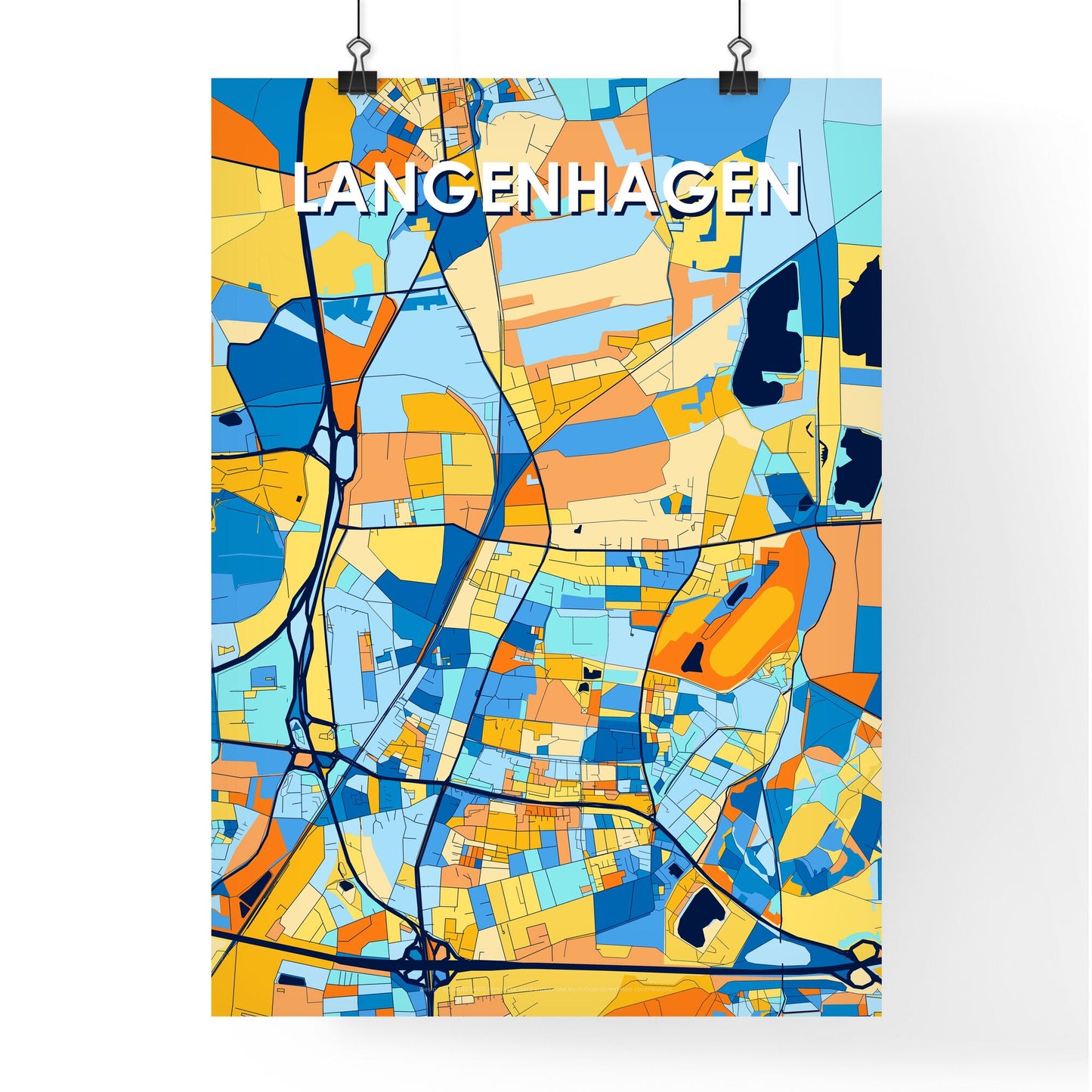 LANGENHAGEN GERMANY Vibrant Colorful Art Map Poster Blue Orange