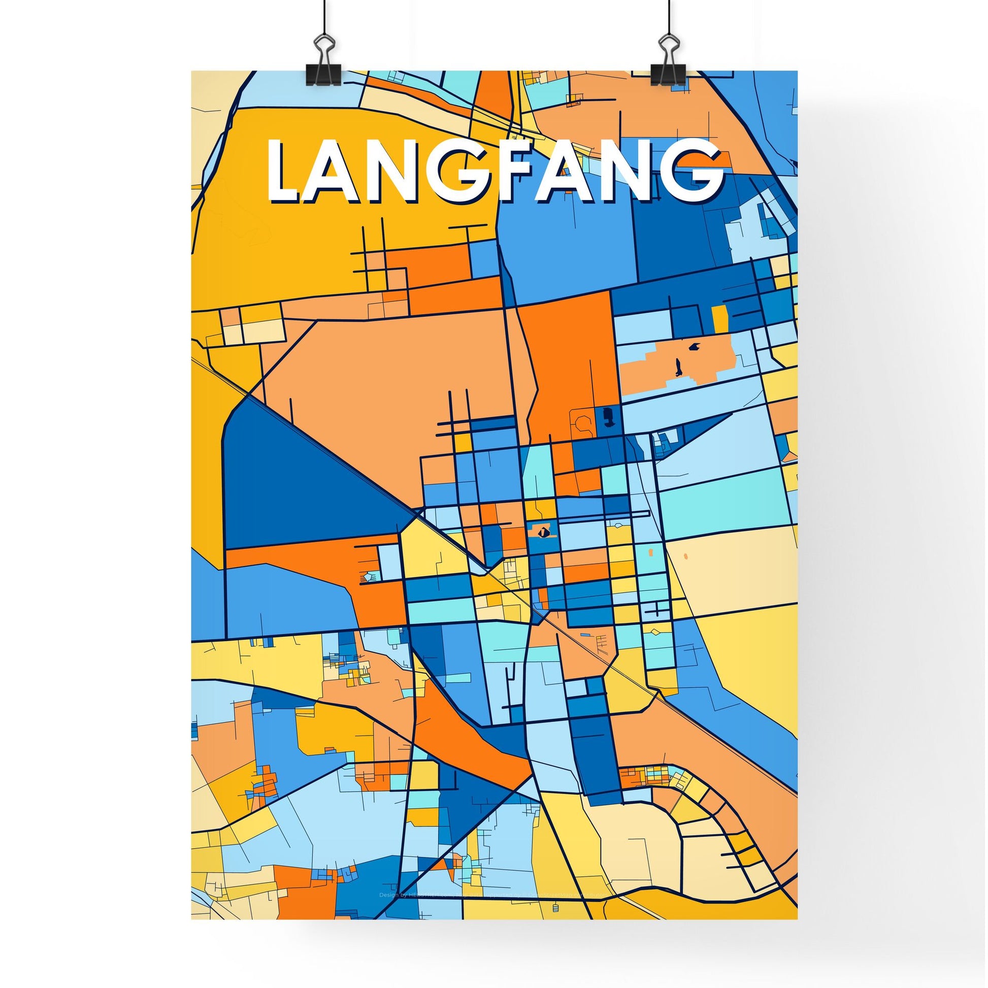 LANGFANG CHINA Vibrant Colorful Art Map Poster Blue Orange