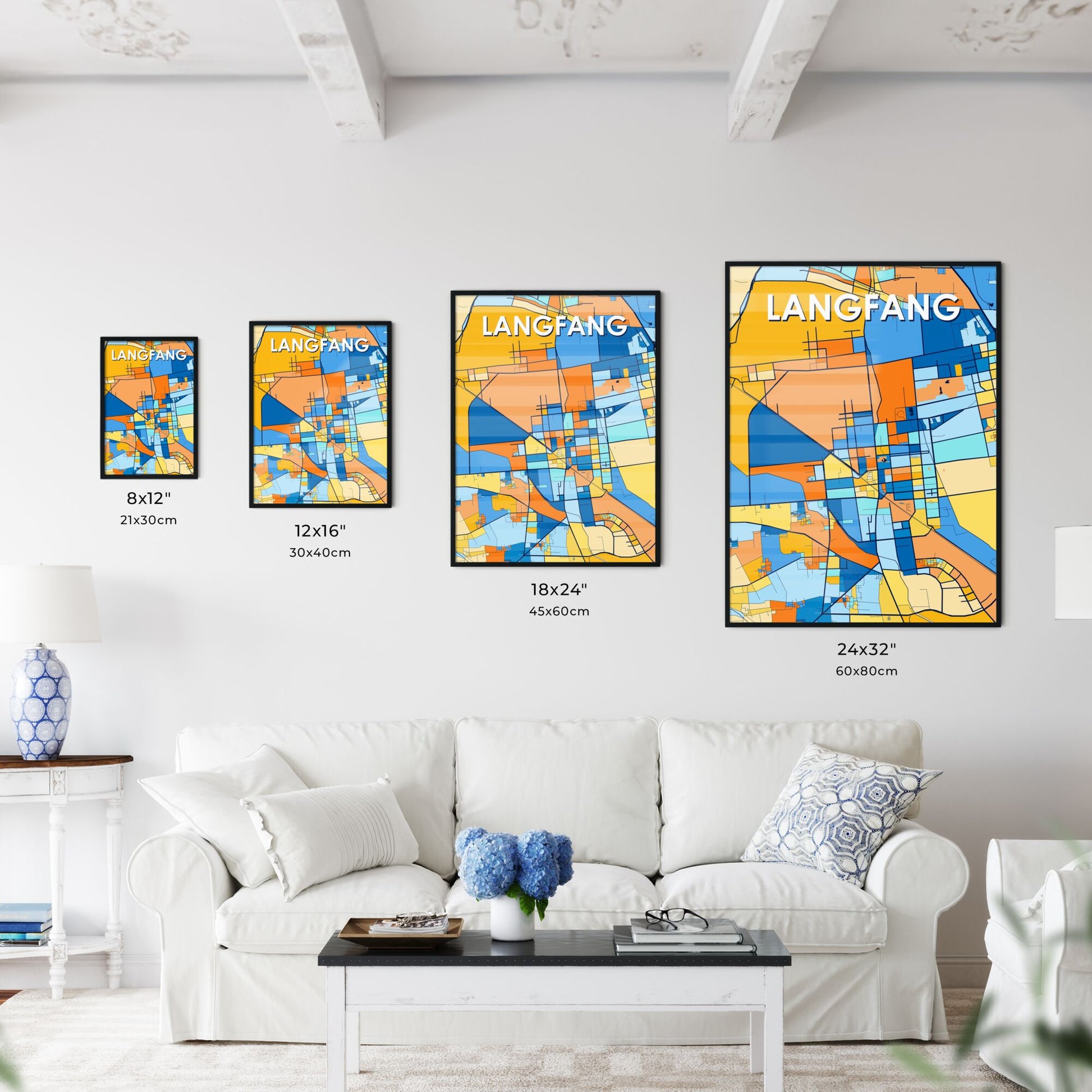 LANGFANG CHINA Vibrant Colorful Art Map Poster Blue Orange