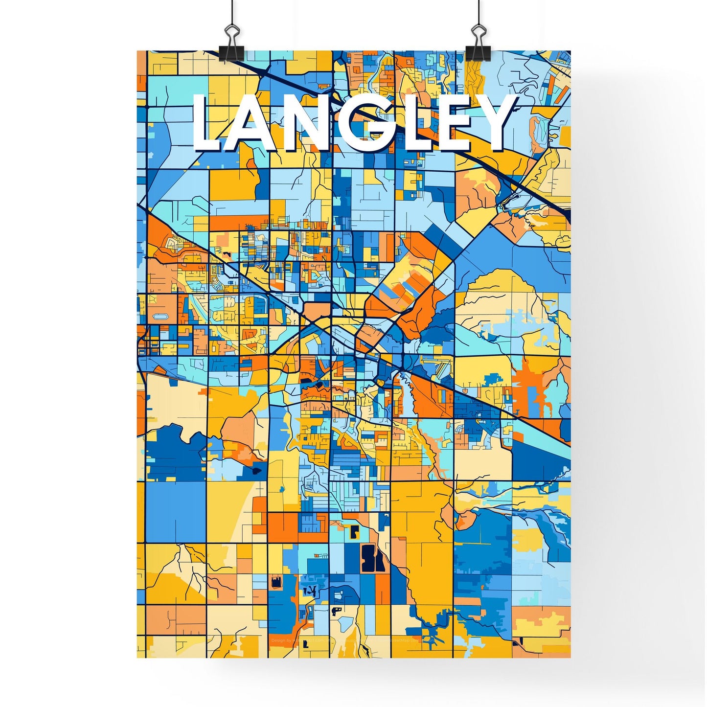 LANGLEY CANADA Vibrant Colorful Art Map Poster Blue Orange