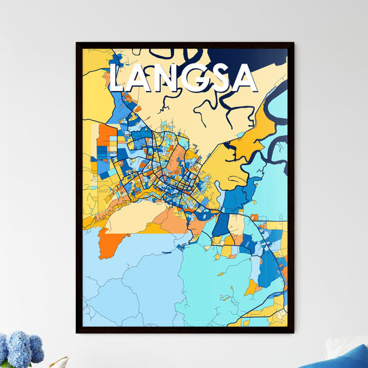 LANGSA INDONESIA Vibrant Colorful Art Map Poster Blue Orange