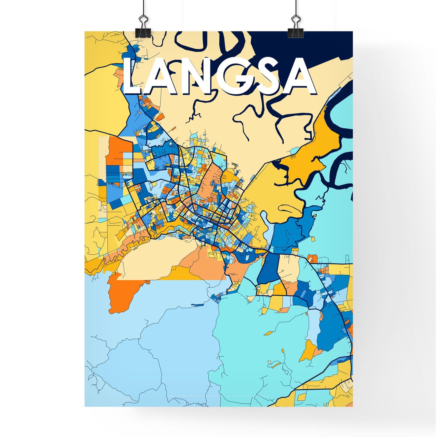 LANGSA INDONESIA Vibrant Colorful Art Map Poster Blue Orange