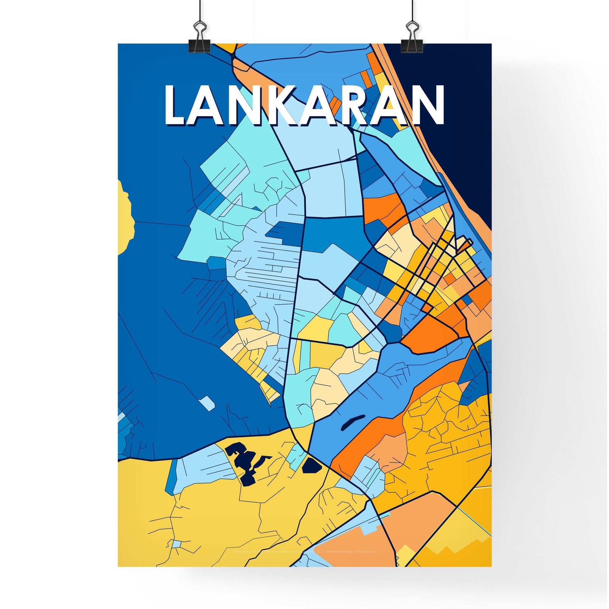 LANKARAN AZERBAIJAN Vibrant Colorful Art Map Poster Blue Orange