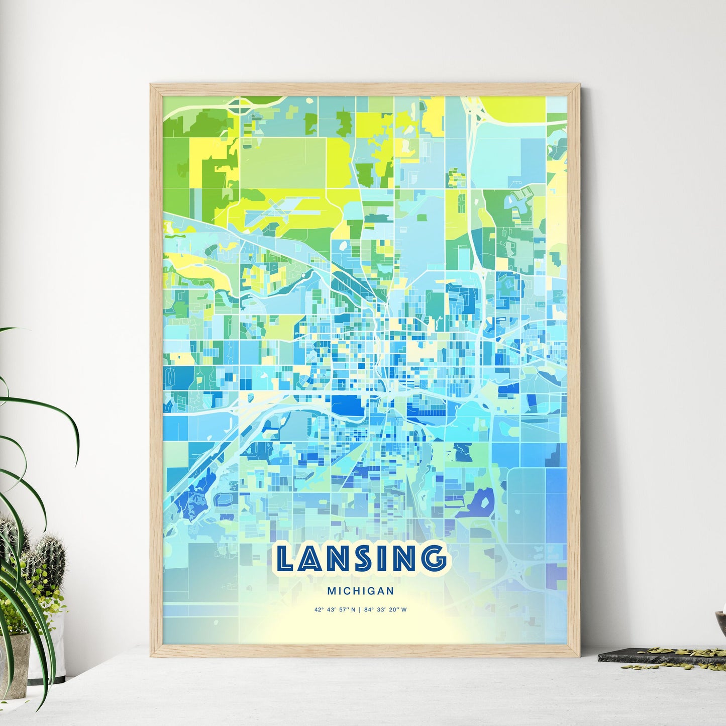 Colorful Lansing Michigan Fine Art Map Cool Blue