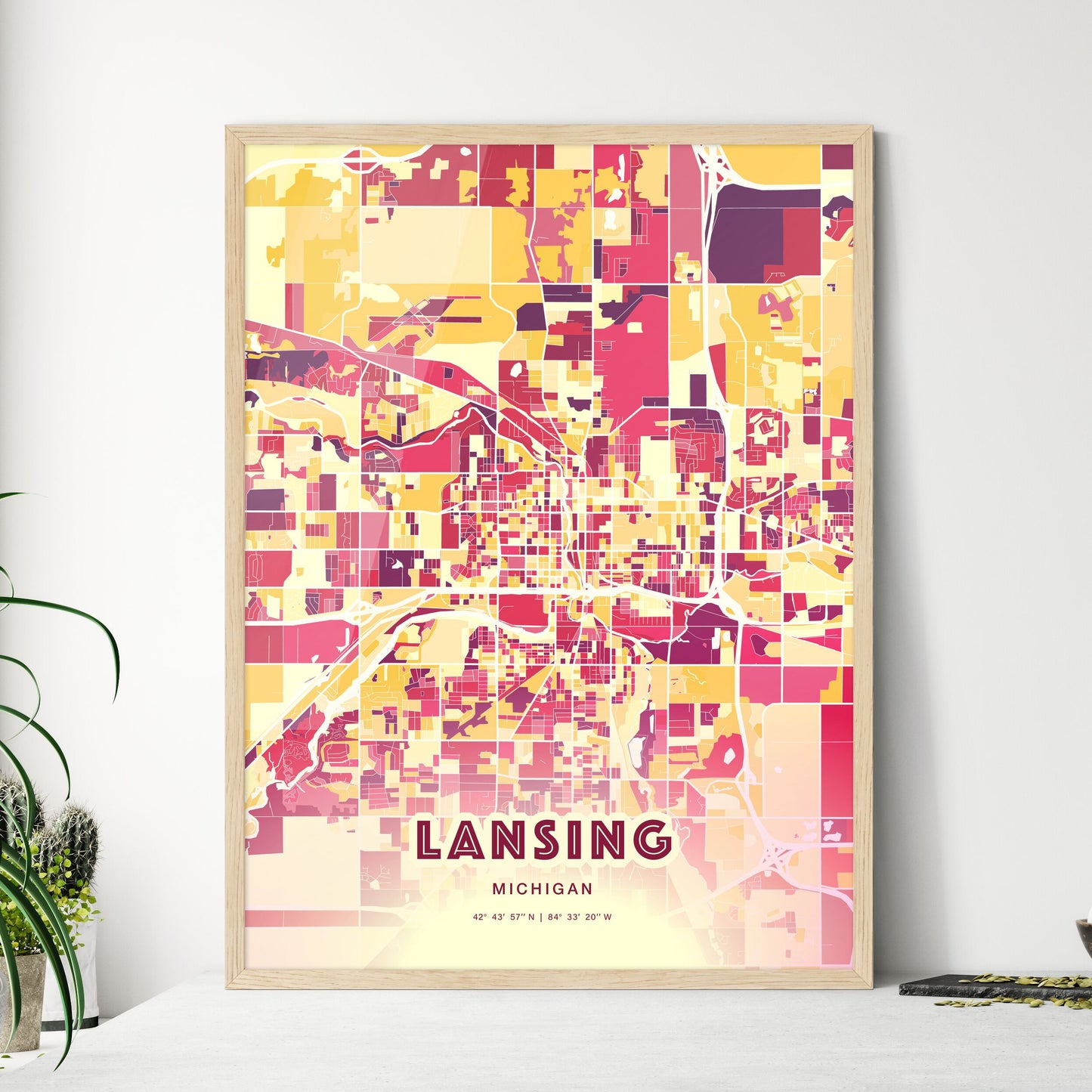 Colorful Lansing Michigan Fine Art Map Hot Red
