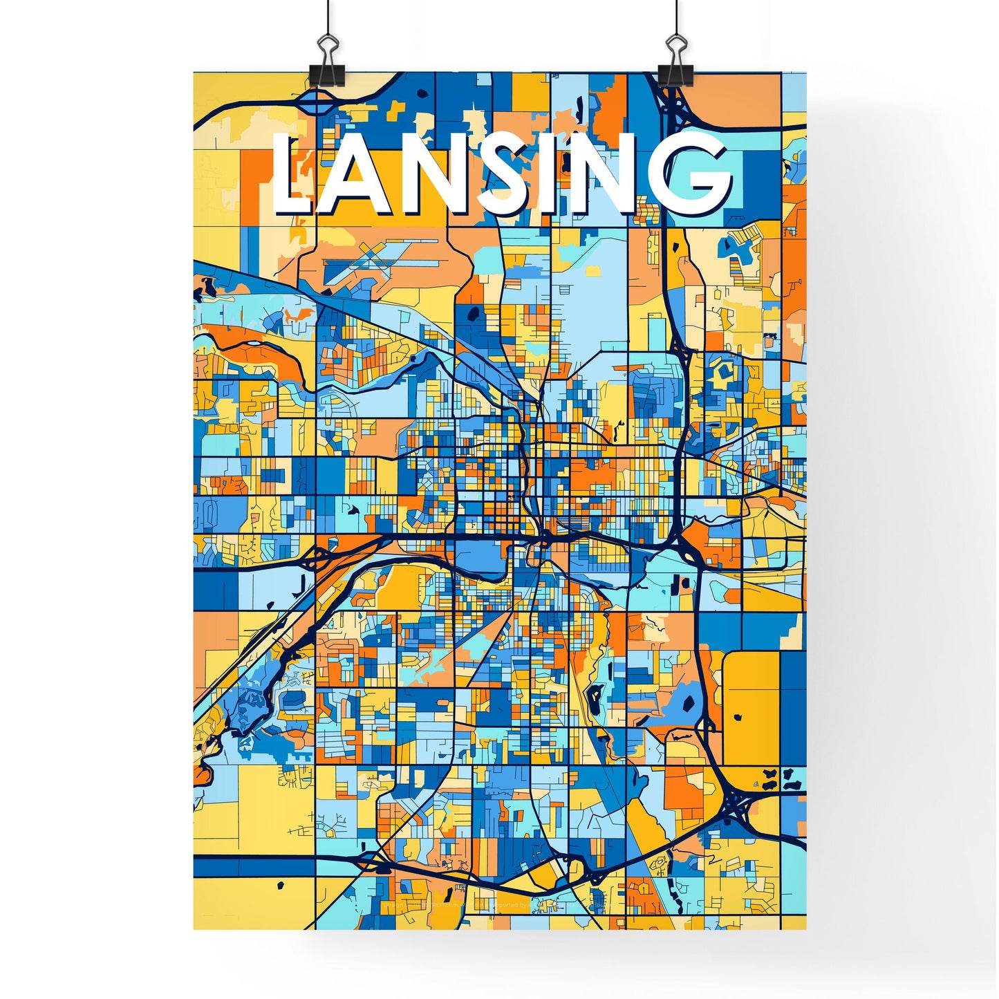 LANSING MICHIGAN Vibrant Colorful Art Map Poster Blue Orange