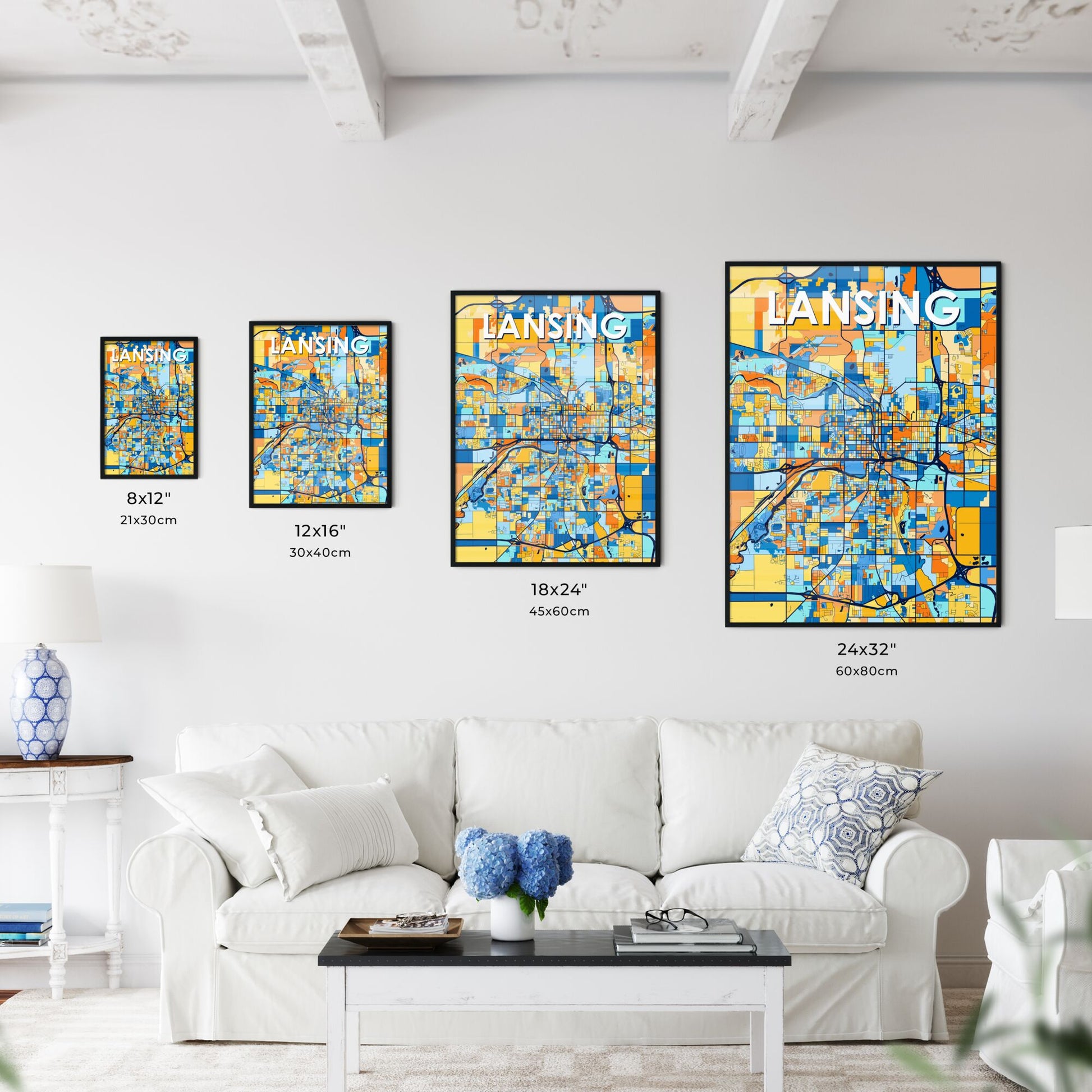 LANSING MICHIGAN Vibrant Colorful Art Map Poster Blue Orange