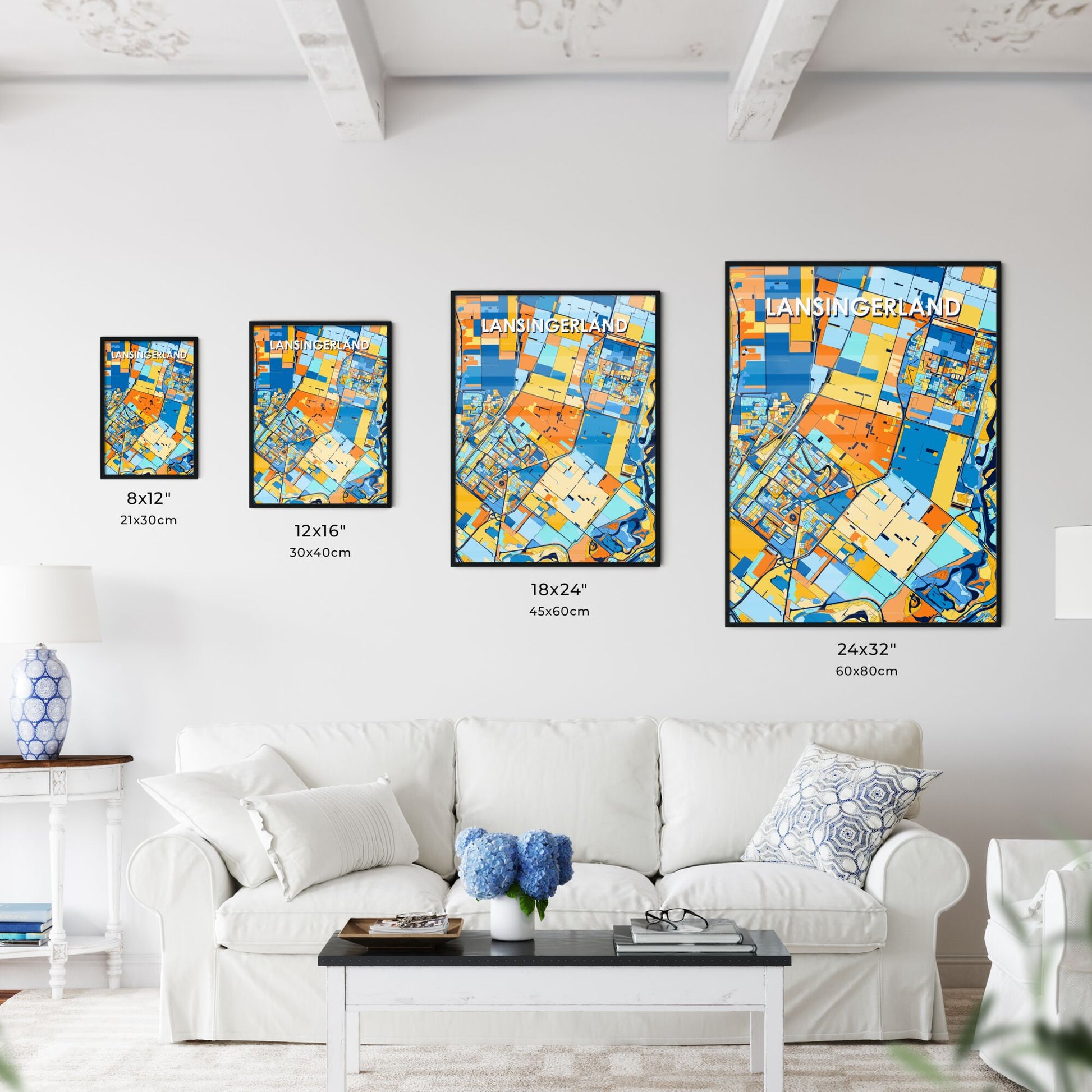 LANSINGERLAND NETHERLANDS Vibrant Colorful Art Map Poster Blue Orange