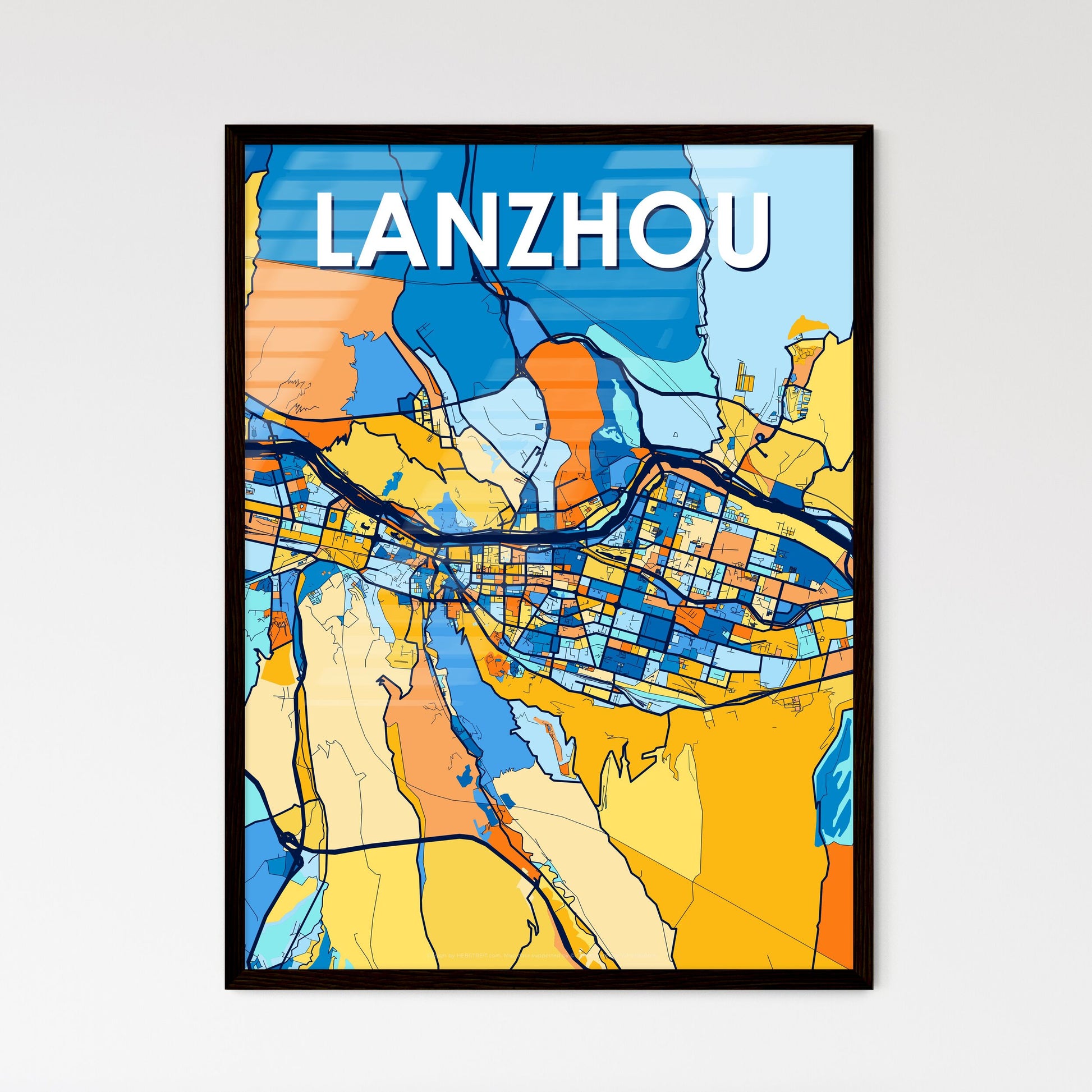 LANZHOU CHINA Vibrant Colorful Art Map Poster Blue Orange