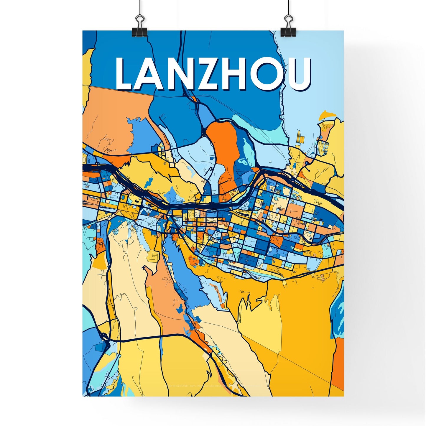 LANZHOU CHINA Vibrant Colorful Art Map Poster Blue Orange