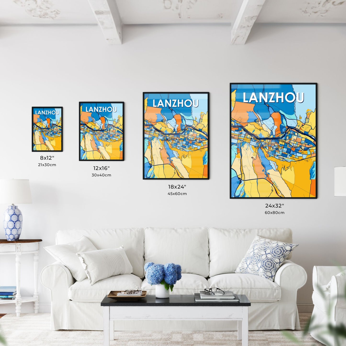 LANZHOU CHINA Vibrant Colorful Art Map Poster Blue Orange