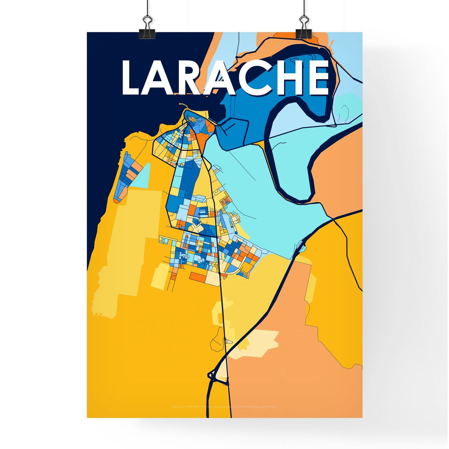 LARACHE MOROCCO Vibrant Colorful Art Map Poster Blue Orange