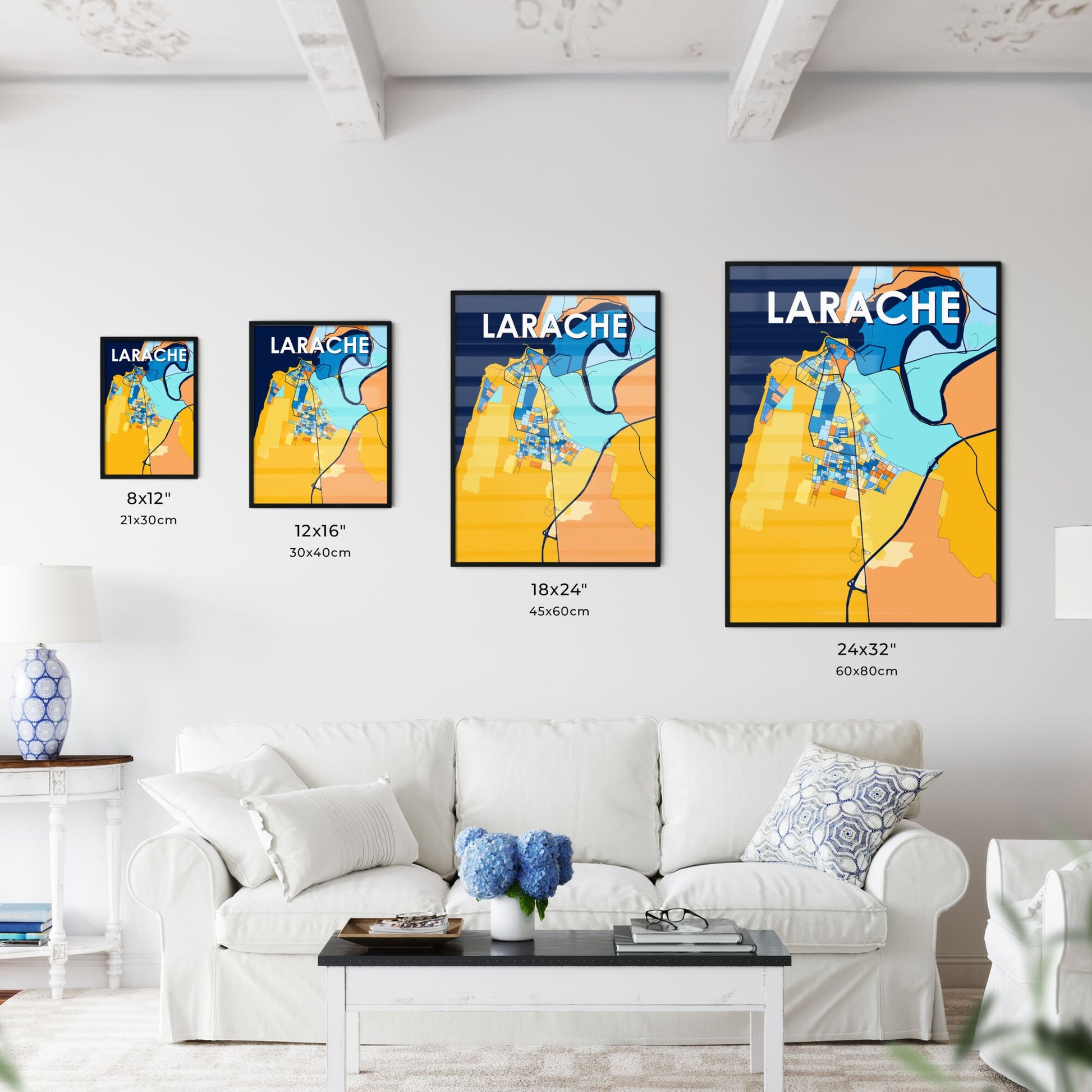 LARACHE MOROCCO Vibrant Colorful Art Map Poster Blue Orange