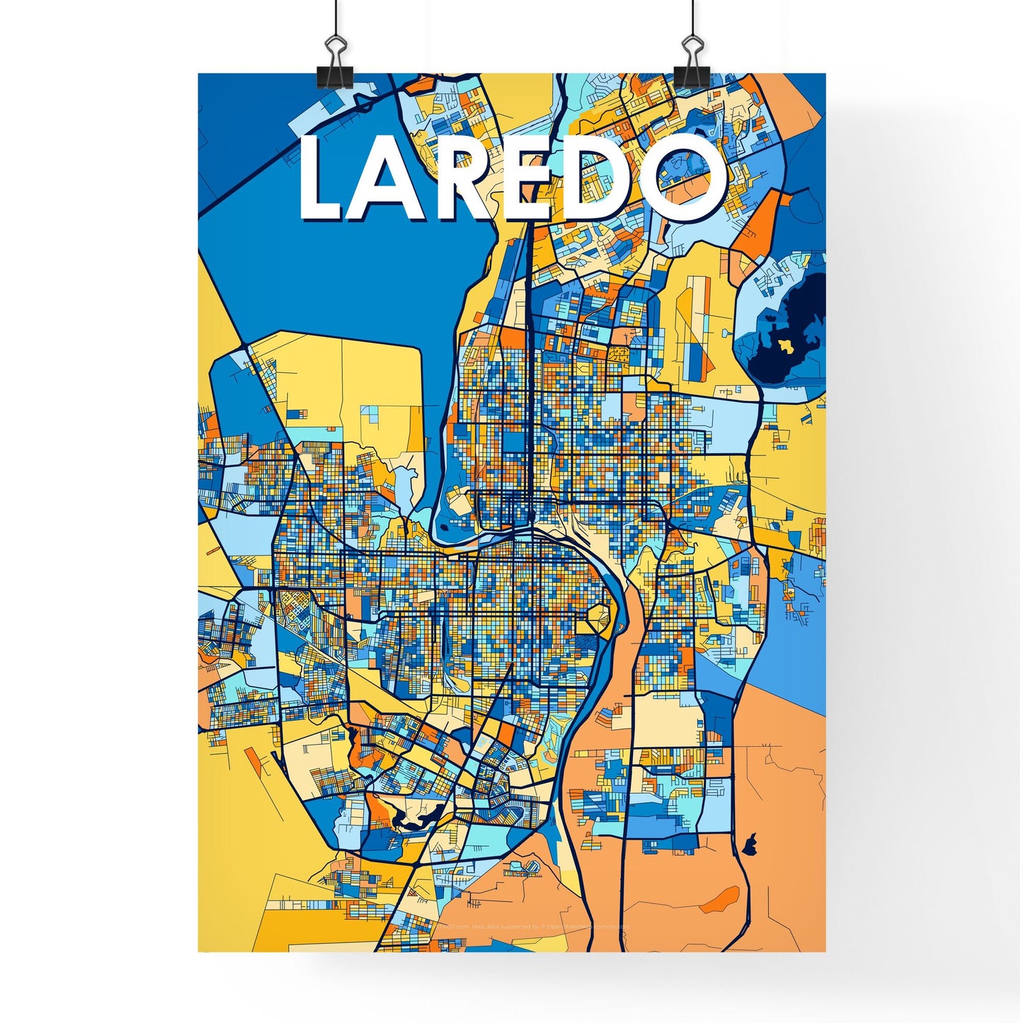 LAREDO TEXAS Vibrant Colorful Art Map Poster Blue Orange