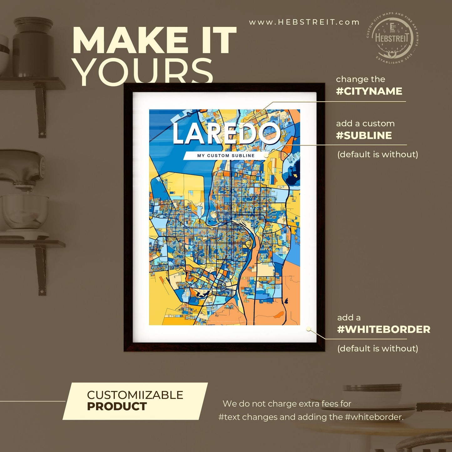 LAREDO TEXAS Vibrant Colorful Art Map Poster Blue Orange