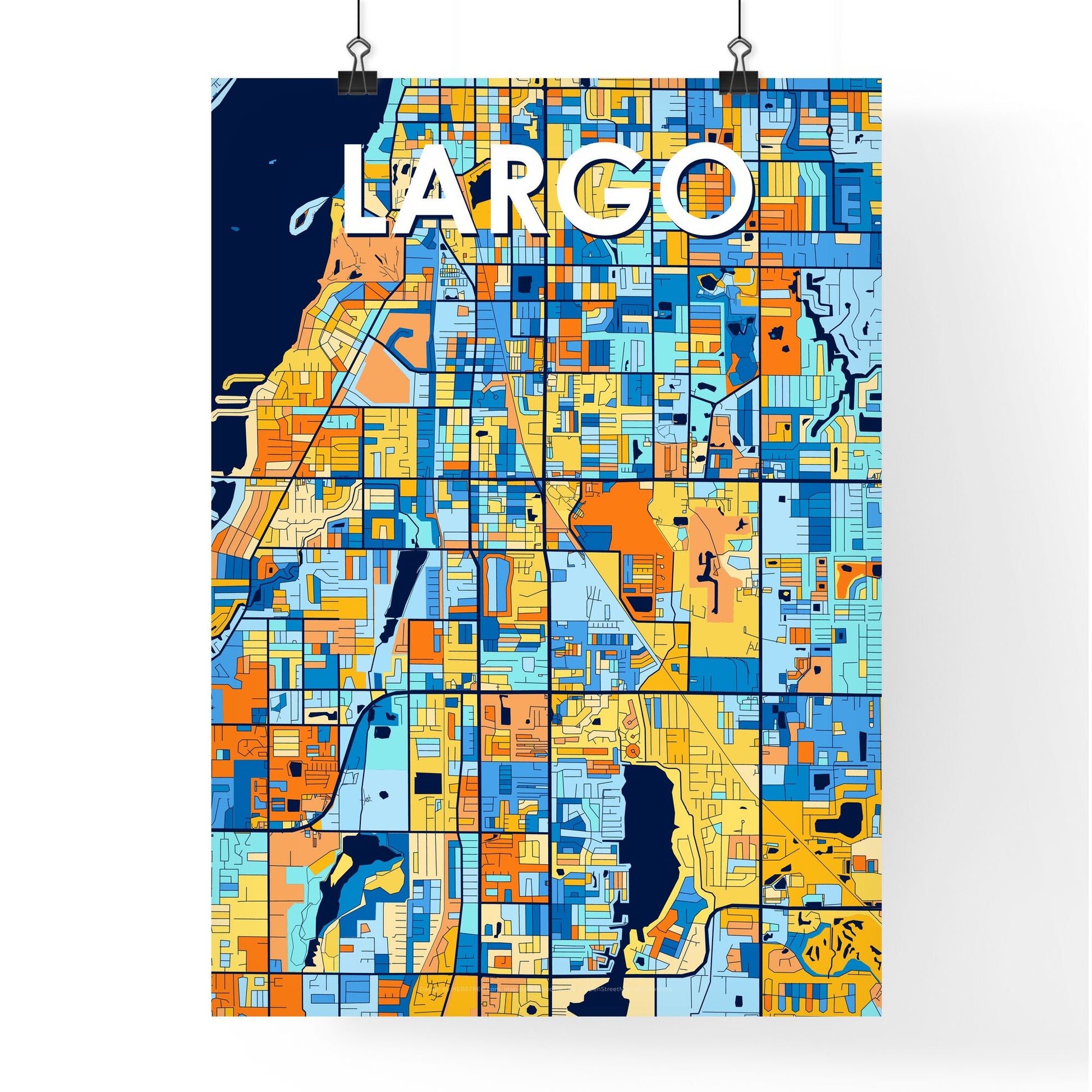 LARGO FLORIDA Vibrant Colorful Art Map Poster Blue Orange