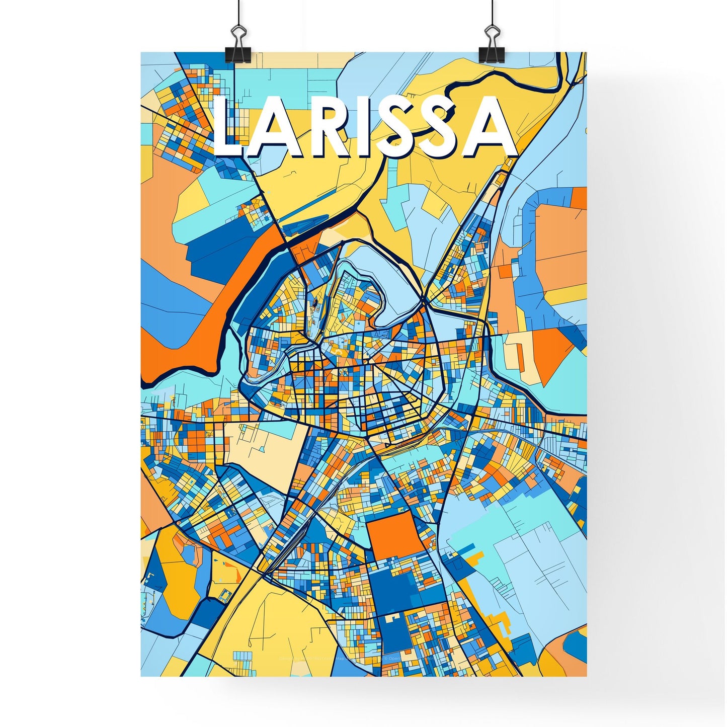 LARISSA GREECE Vibrant Colorful Art Map Poster Blue Orange