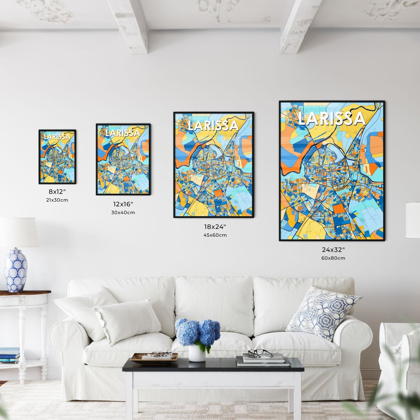 LARISSA GREECE Vibrant Colorful Art Map Poster Blue Orange