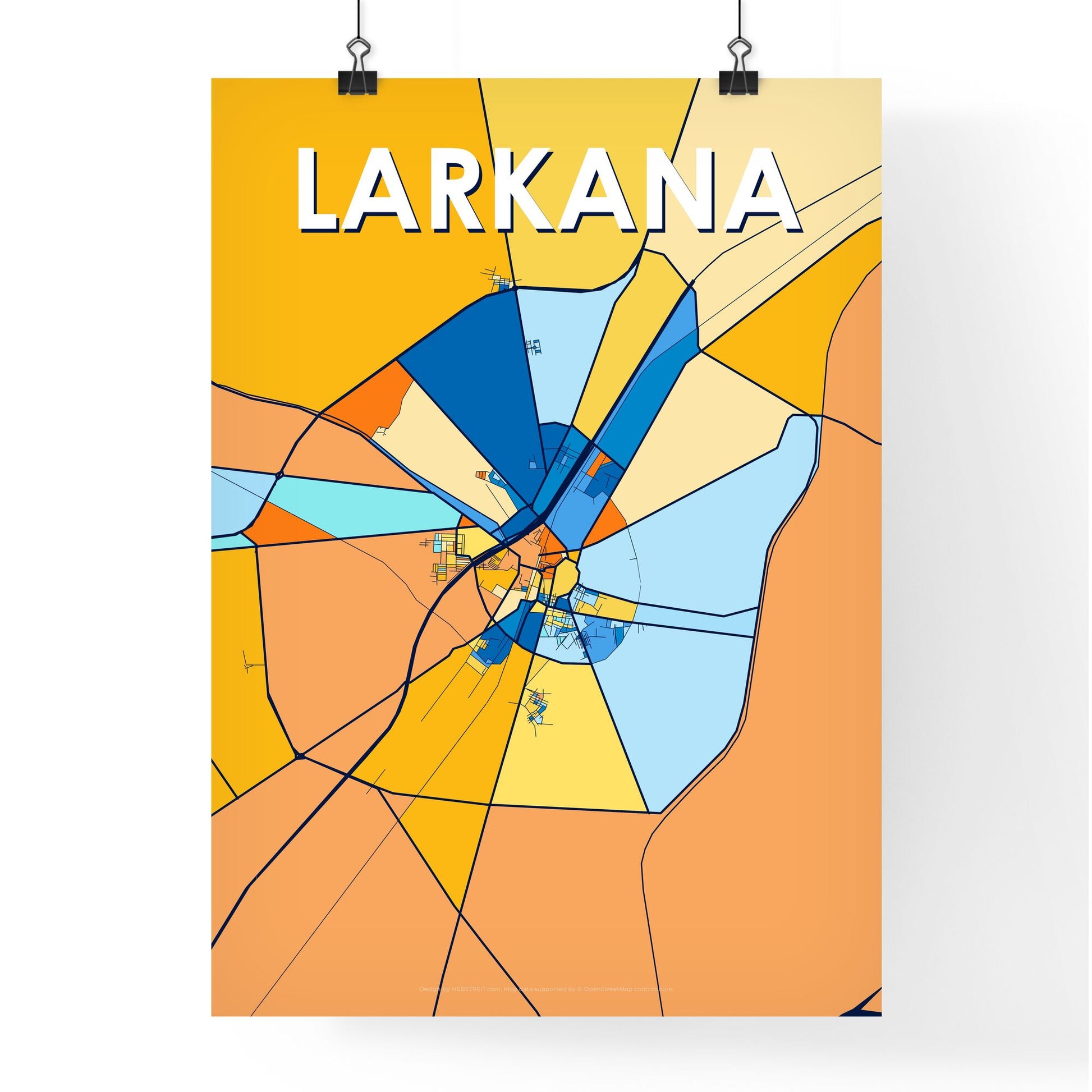 LARKANA PAKISTAN Vibrant Colorful Art Map Poster Blue Orange