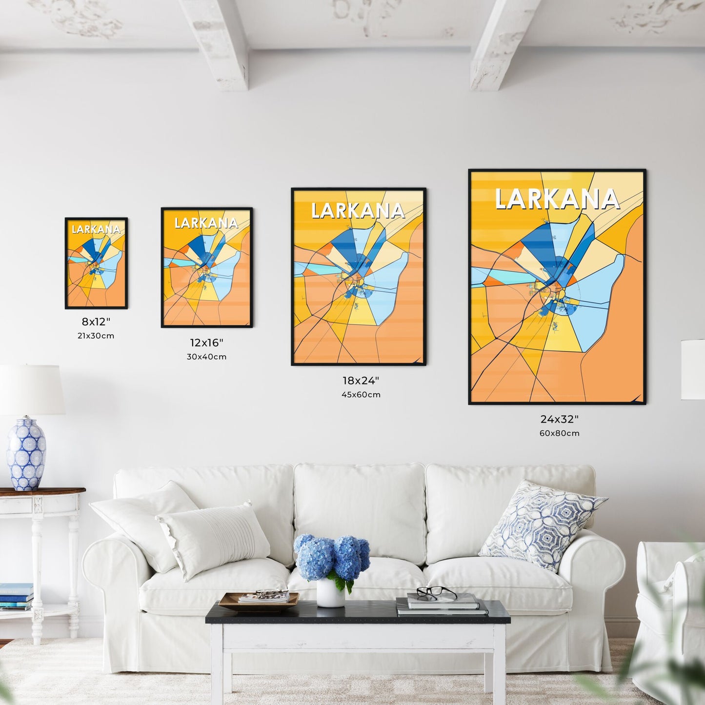 LARKANA PAKISTAN Vibrant Colorful Art Map Poster Blue Orange