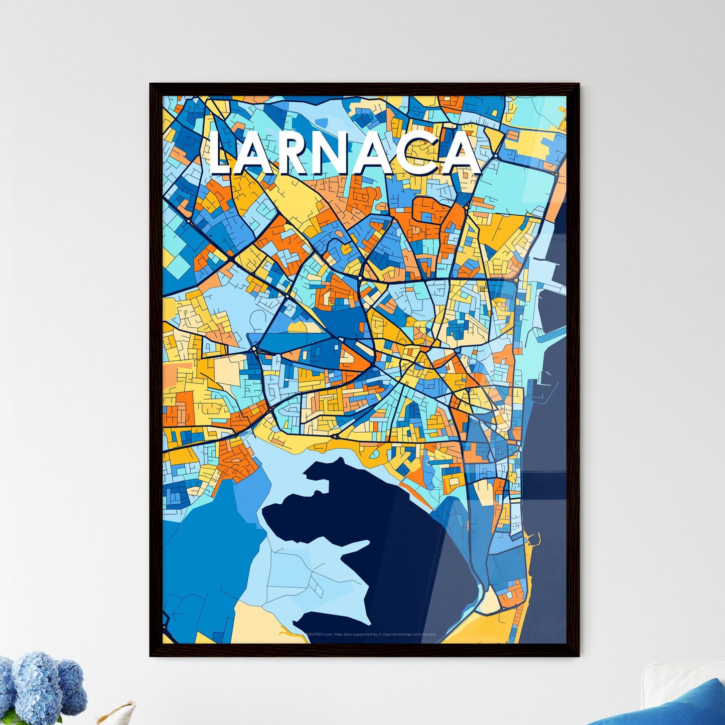 LARNACA CYPRUS Vibrant Colorful Art Map Poster Blue Orange