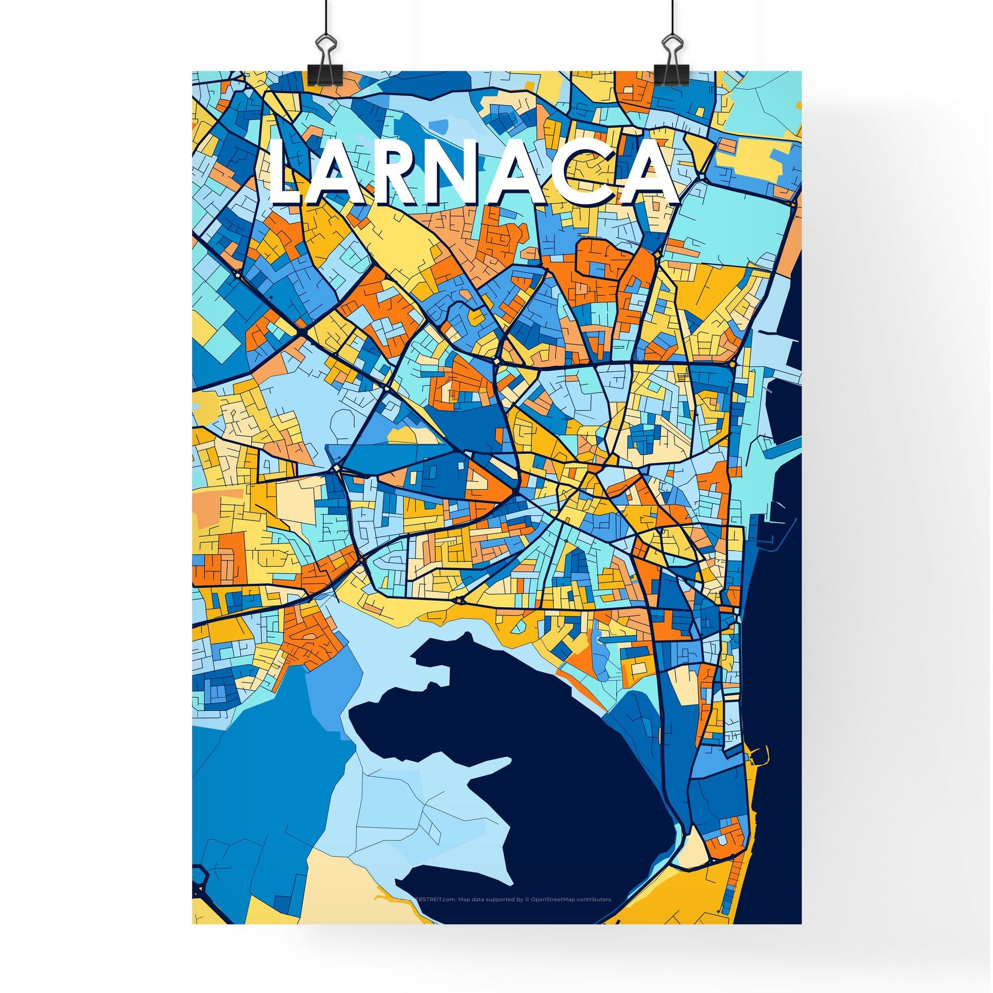 LARNACA CYPRUS Vibrant Colorful Art Map Poster Blue Orange