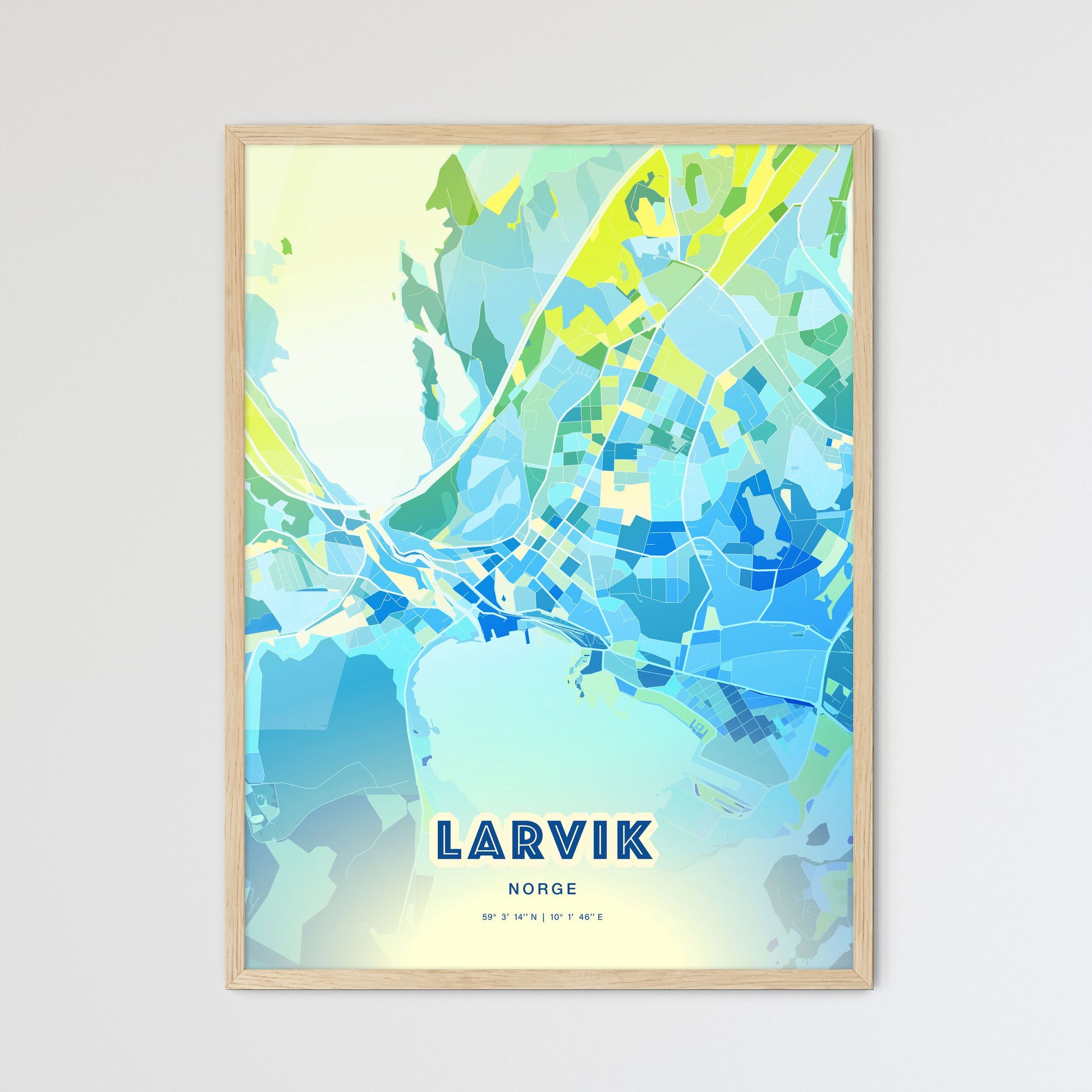 Colorful Larvik Norway Fine Art Map Cool Blue