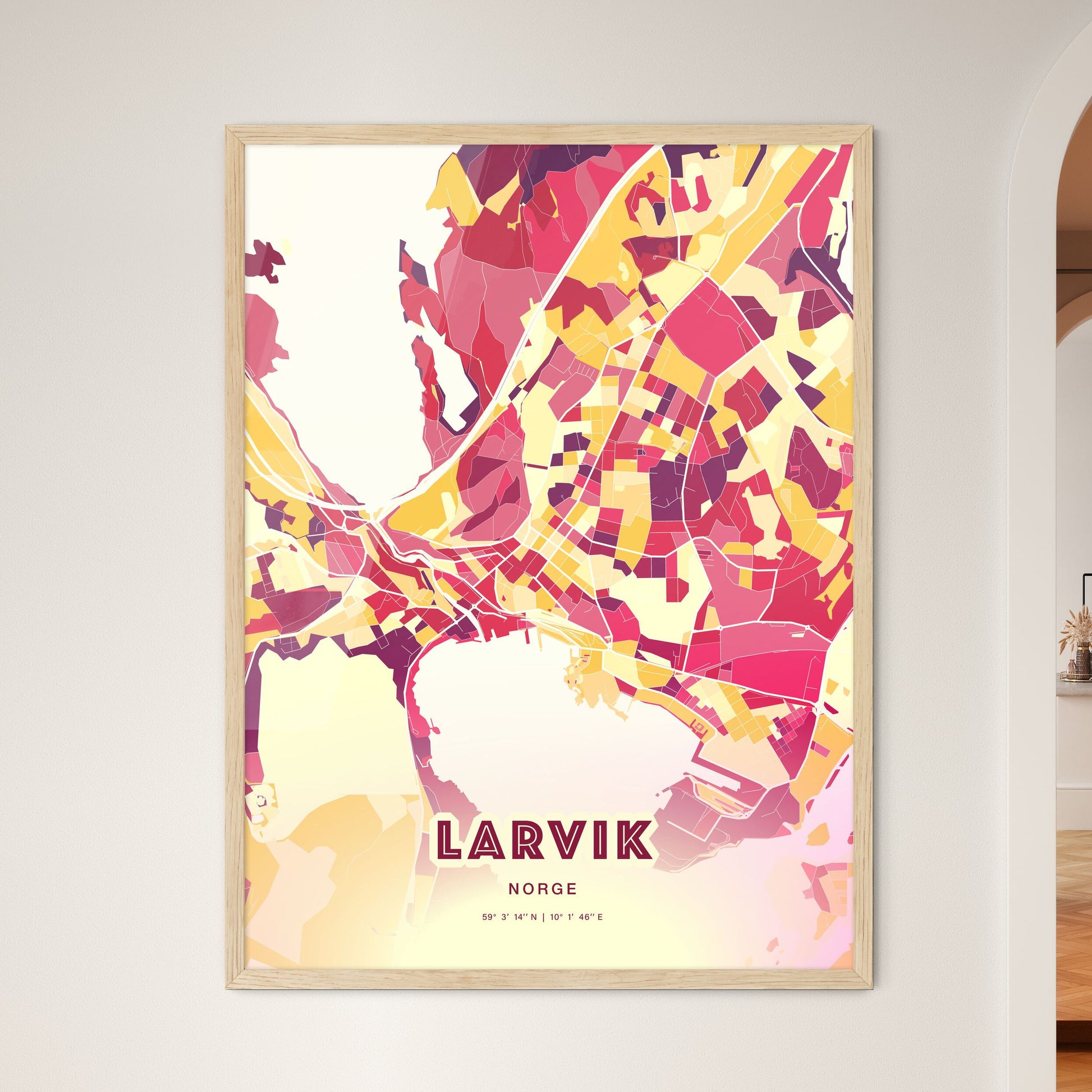 Colorful Larvik Norway Fine Art Map Hot Red