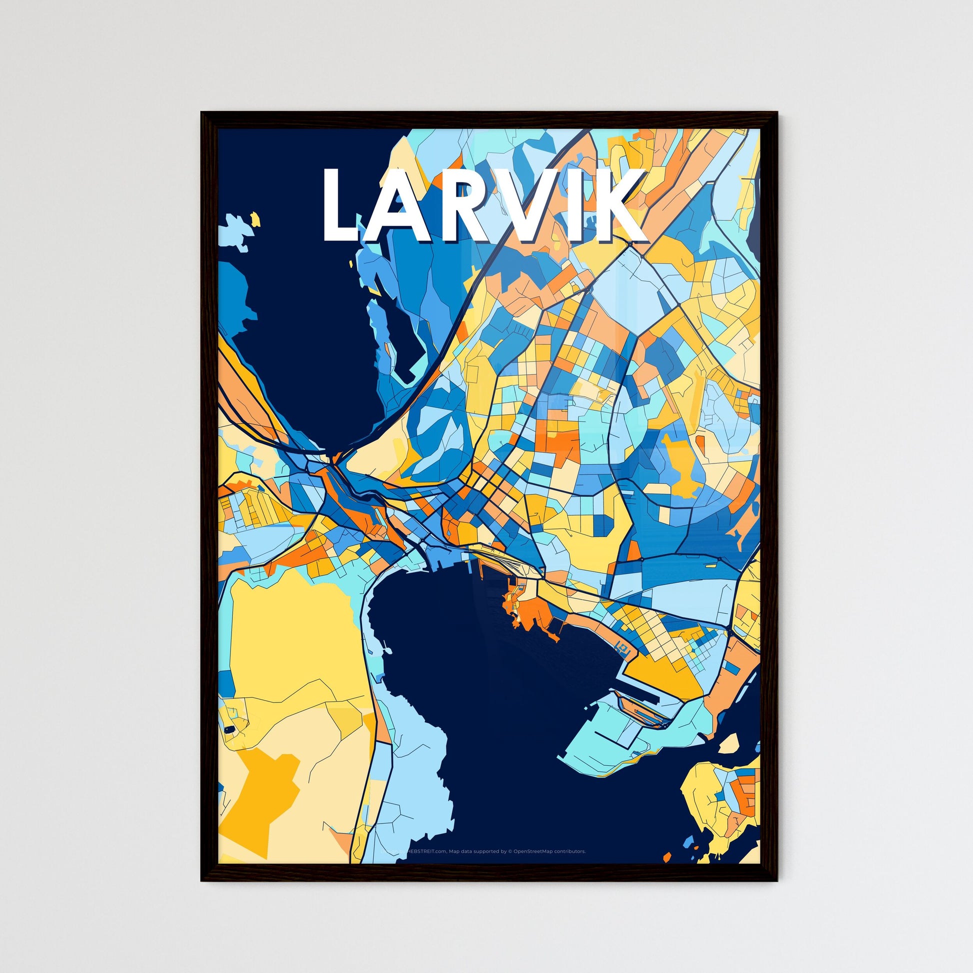 LARVIK NORWAY Vibrant Colorful Art Map Poster Blue Orange