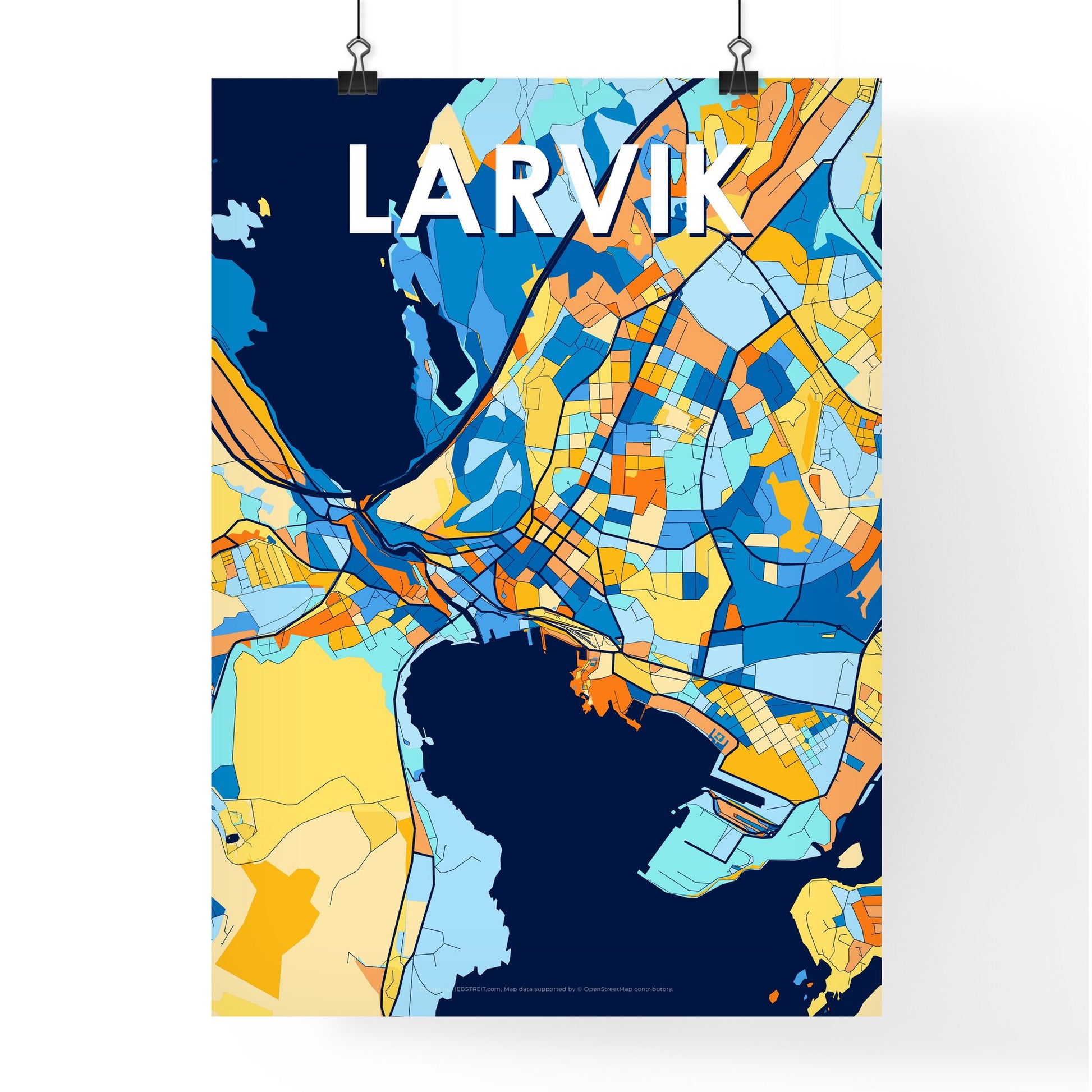 LARVIK NORWAY Vibrant Colorful Art Map Poster Blue Orange