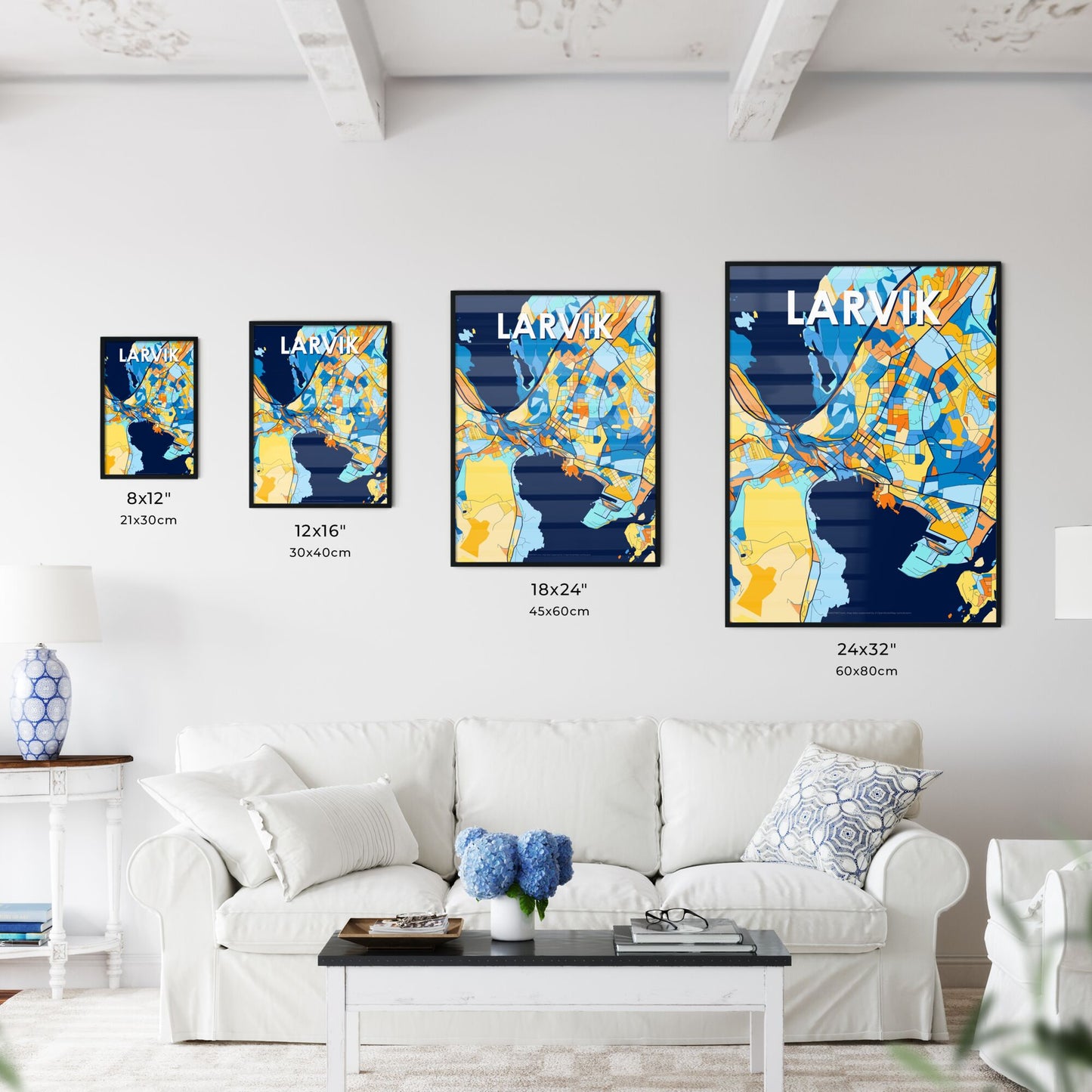 LARVIK NORWAY Vibrant Colorful Art Map Poster Blue Orange