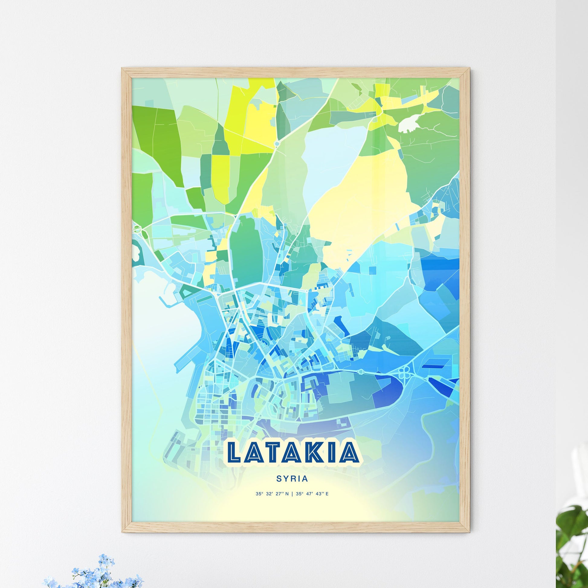 Colorful Latakia Syria Fine Art Map Cool Blue