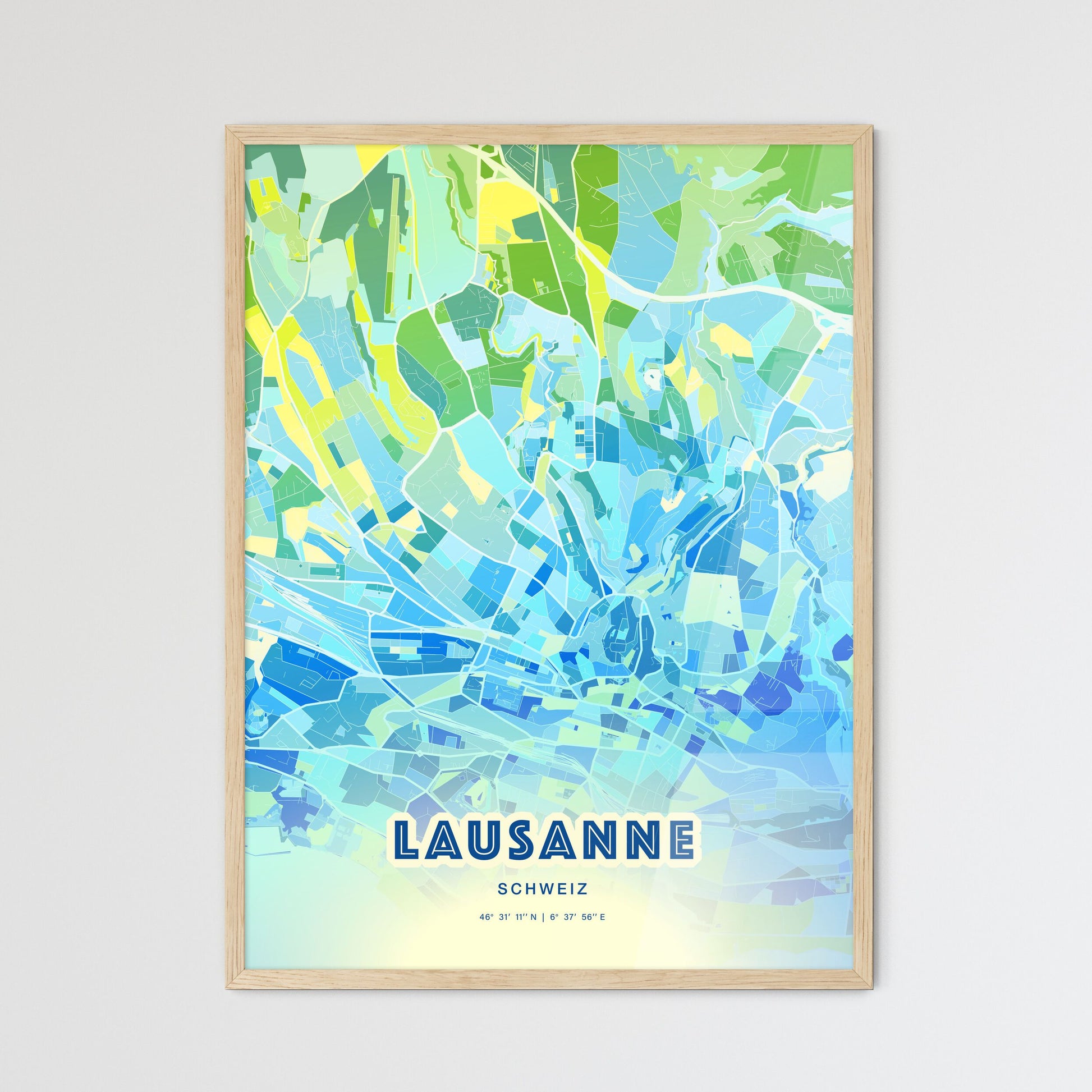 Colorful Lausanne Switzerland Fine Art Map Cool Blue