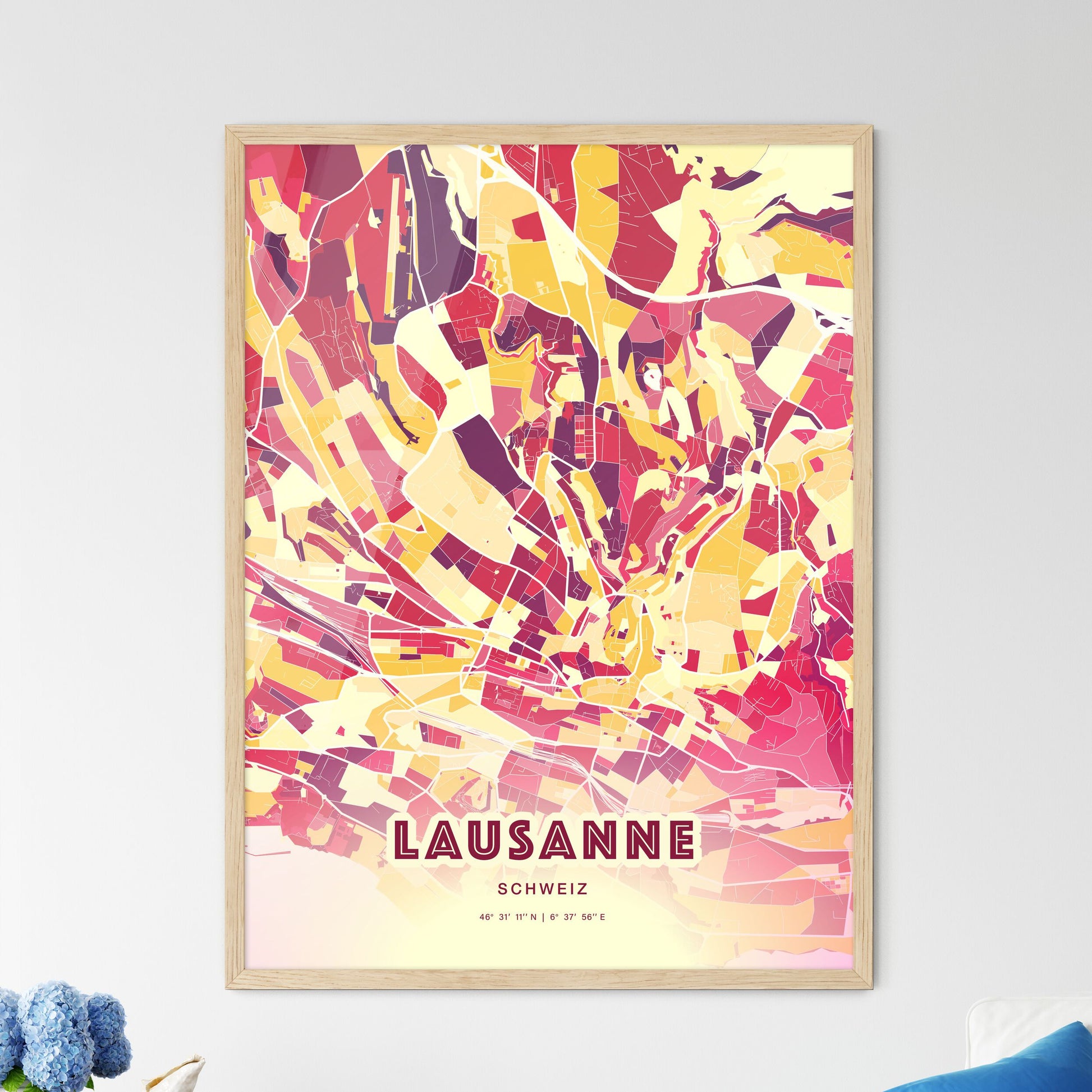 Colorful Lausanne Switzerland Fine Art Map Hot Red