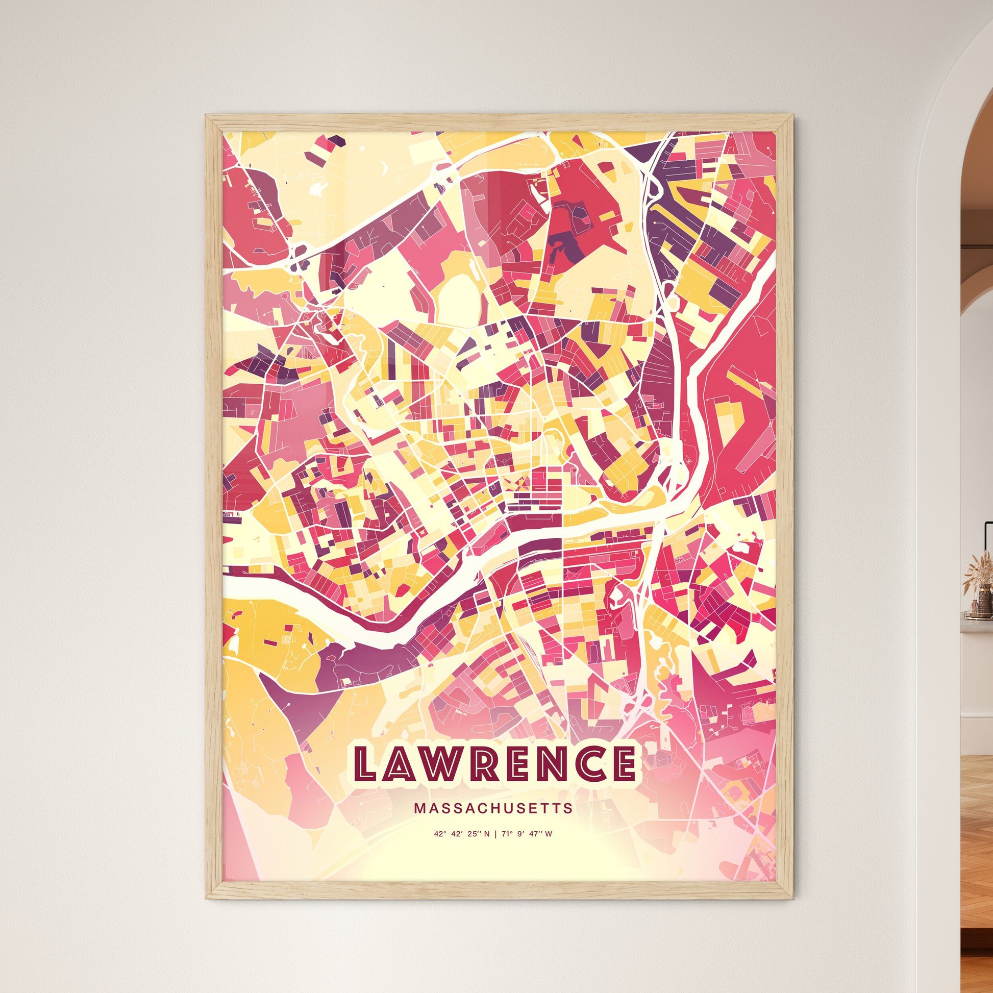 Colorful Lawrence Massachusetts Fine Art Map Hot Red