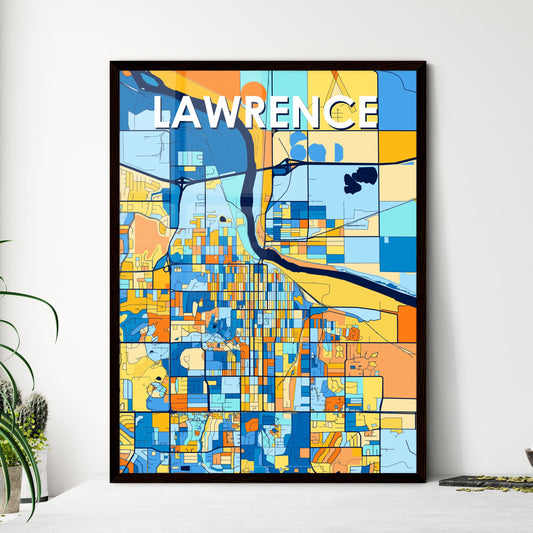 LAWRENCE KANSAS Vibrant Colorful Art Map Poster Blue Orange