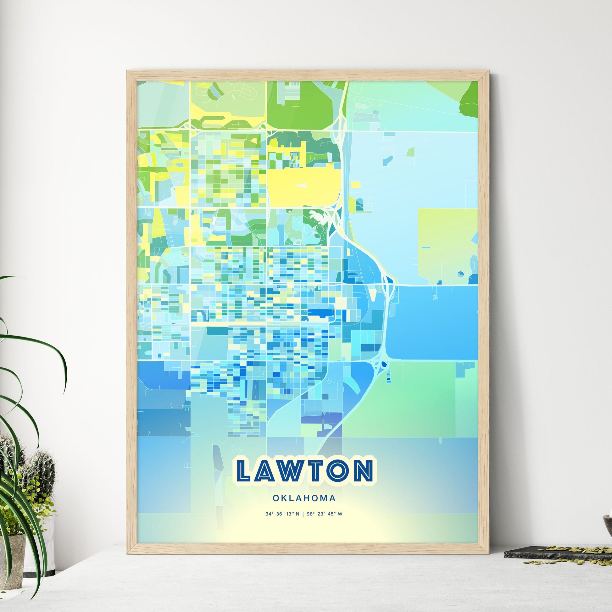 Colorful Lawton Oklahoma Fine Art Map Cool Blue
